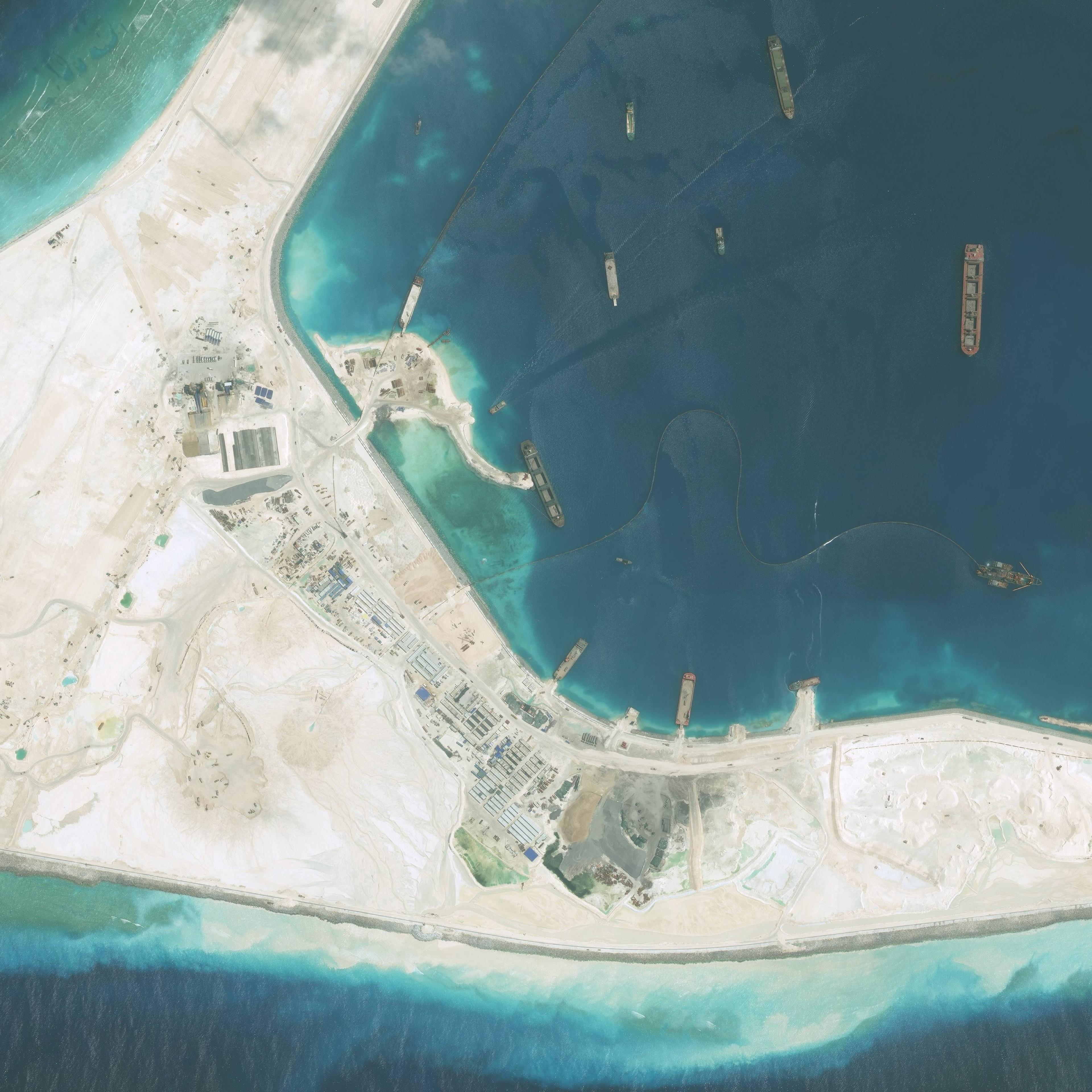 DigitalGlobe high-resolution imagery of the Subi Reef in the South China Sea, a part of the Spratly Islands group. Photo DigitalGlobe via Getty Images.