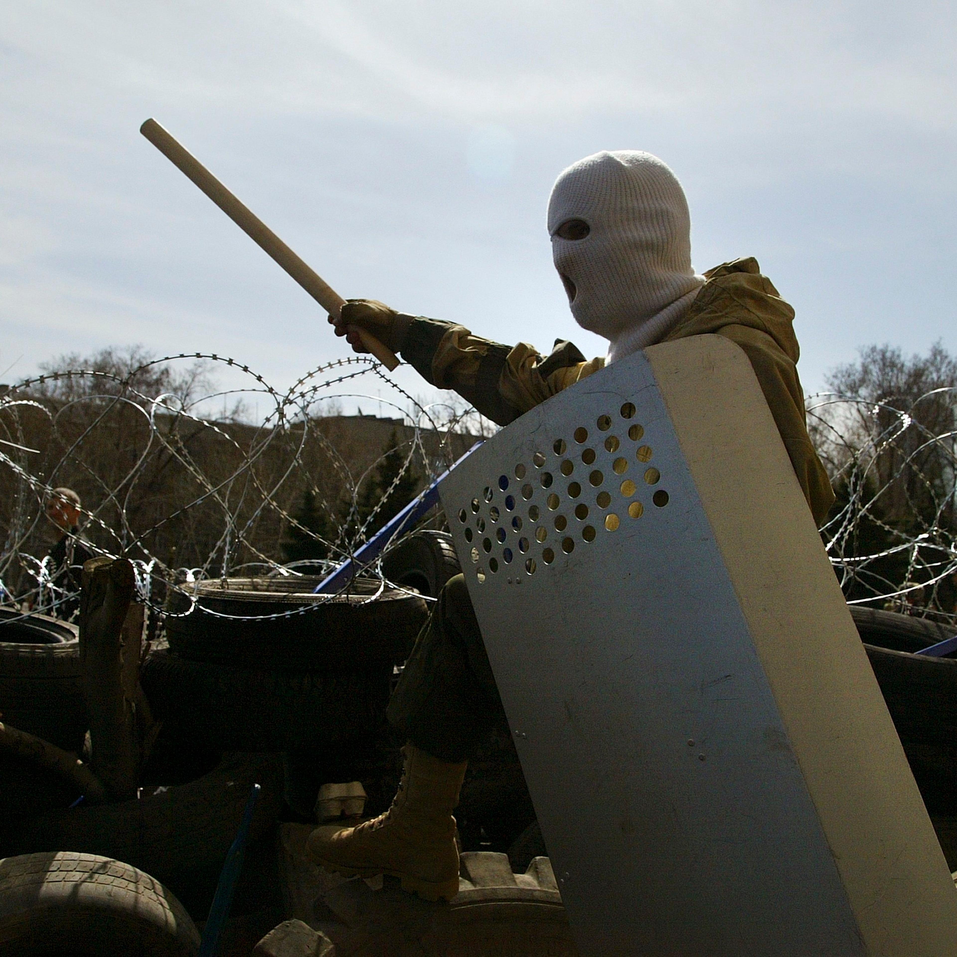 A masked pro-Russian protestor in the city of Donetsk, in eastern Ukraine.