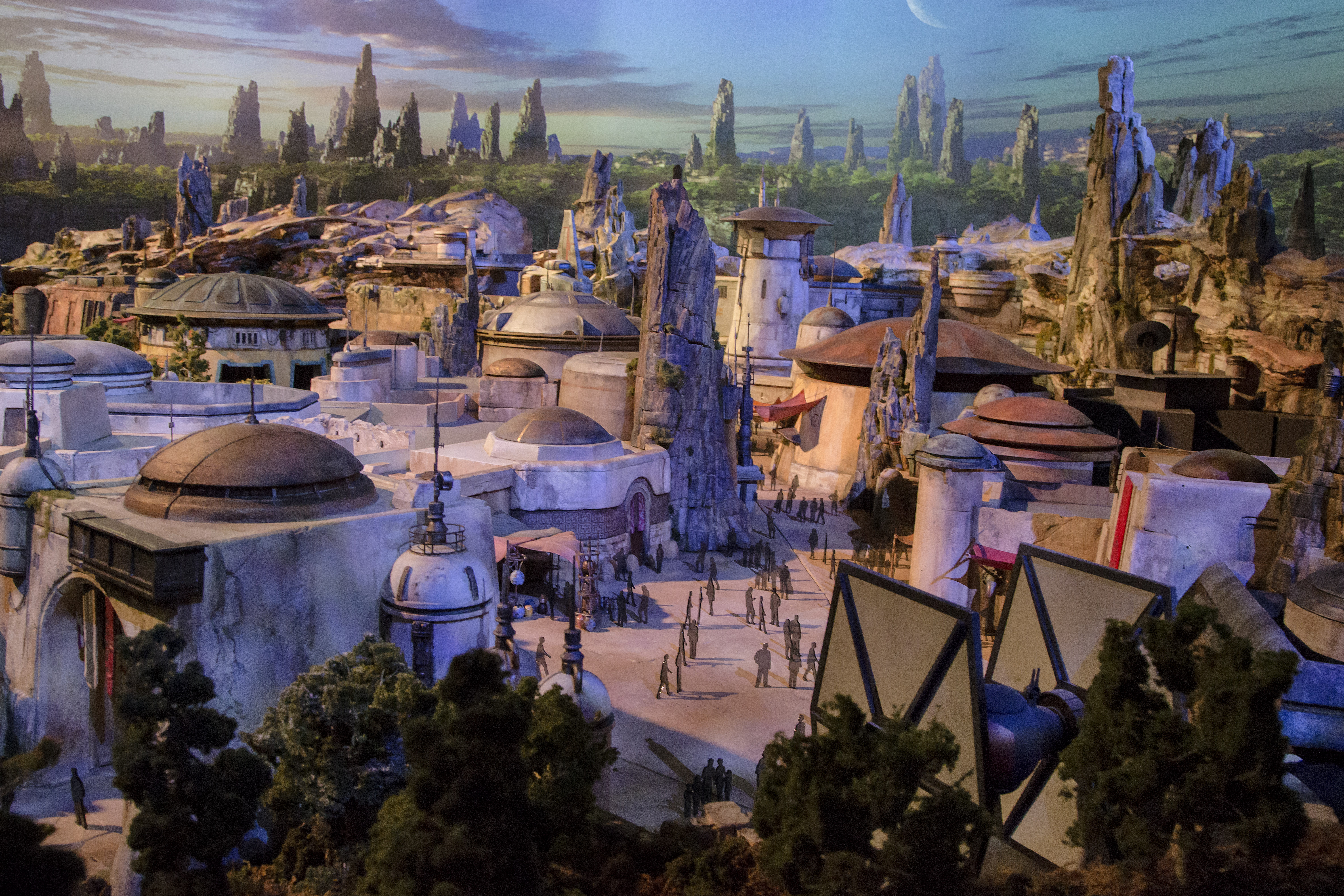 The fully detailed model of the Star Wars-themed park, under development at Disneyland in Anaheim, Calif., remains on display in Walt Disney Parks and Resorts 'A Galaxy of Stories' pavilion throughout D23 Expo at the Anaheim Convention Center. The exhibi