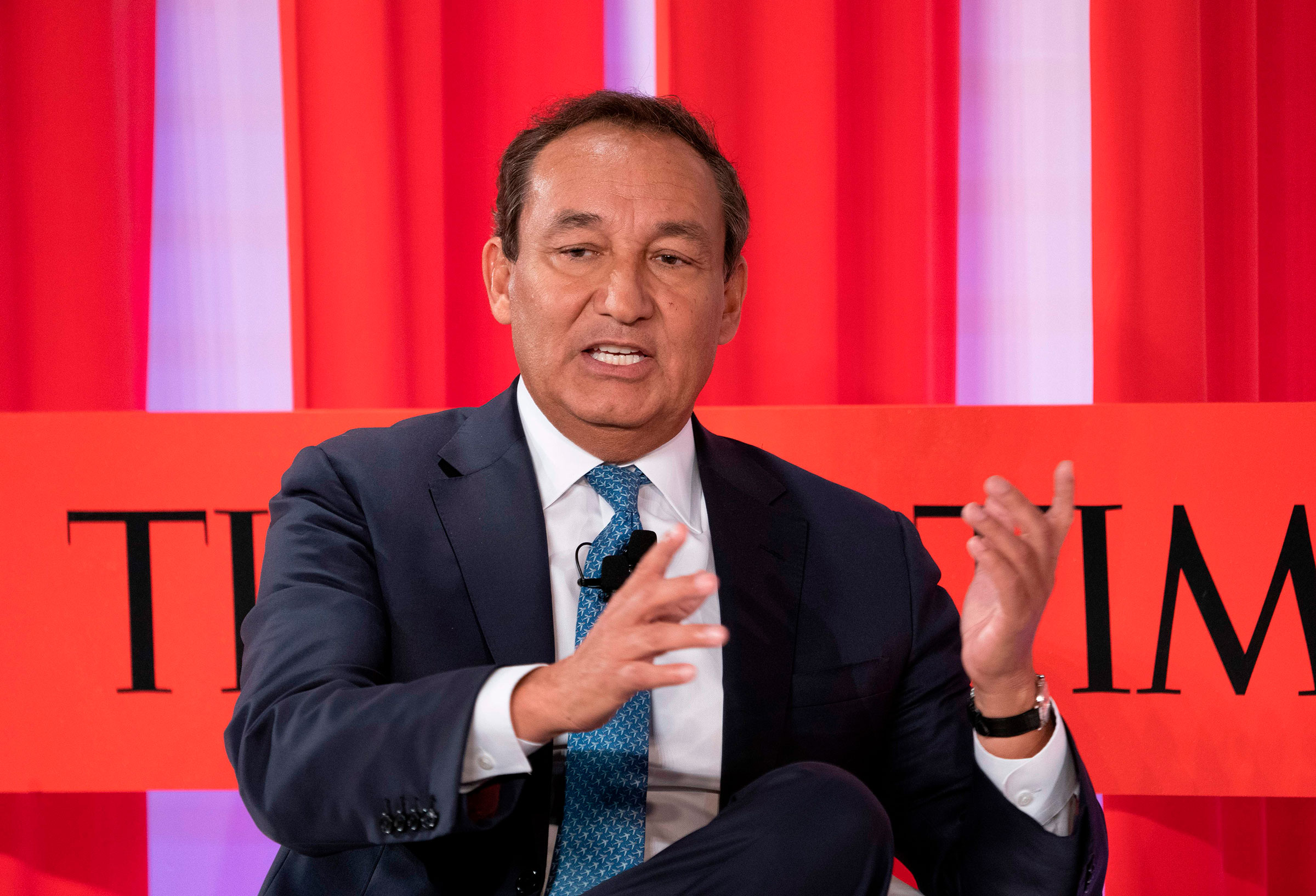 Chief executive officer of United Airlines Oscar Munoz speaks during the Time 100 Summit event on April 23, 2019, in New York. 