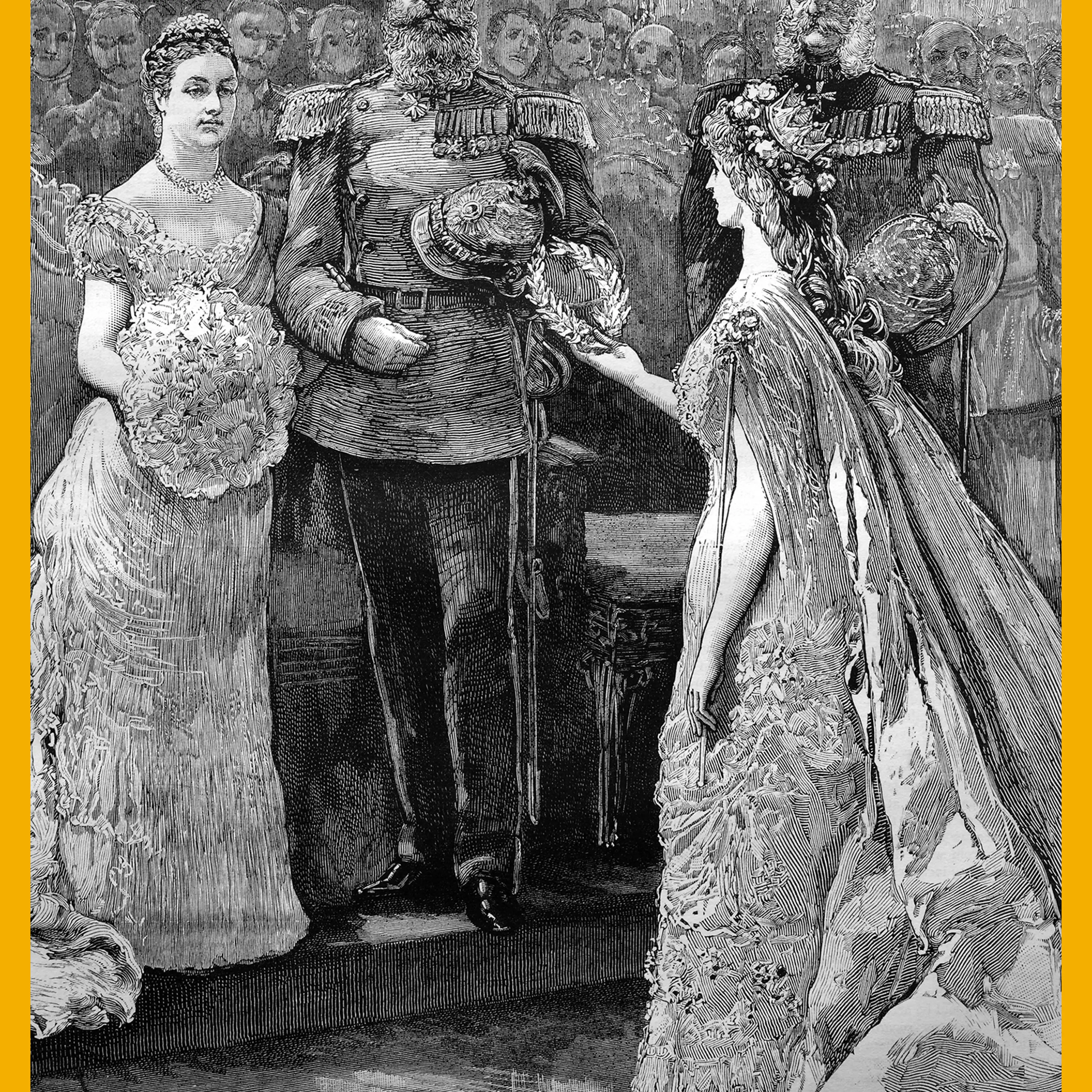 The silver wedding of the imperial prince and princess of Germany, the koenigin minne" or "queen of love" presenting a silver wreath to the imperial princess, historical illustration, 1884.