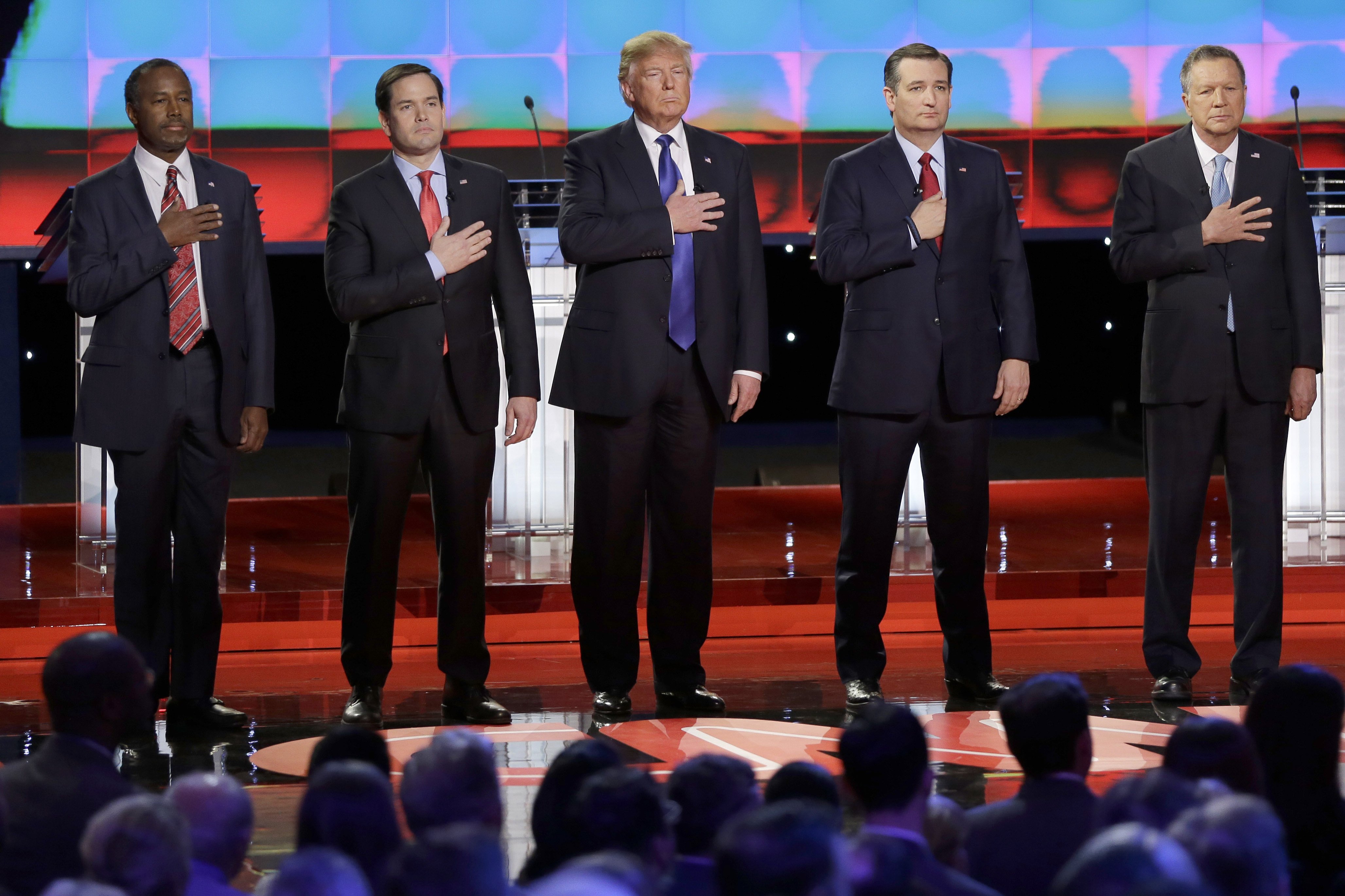 Republican presidential candidates, from left, Ben Carson, Florida Sen. Marco Rubio, Donald Trump, Texas Sen. Ted Cruz and Ohio Gov. John Kasich stand on stage at a GOP debate on Feb. 25, 2016 in Houston.