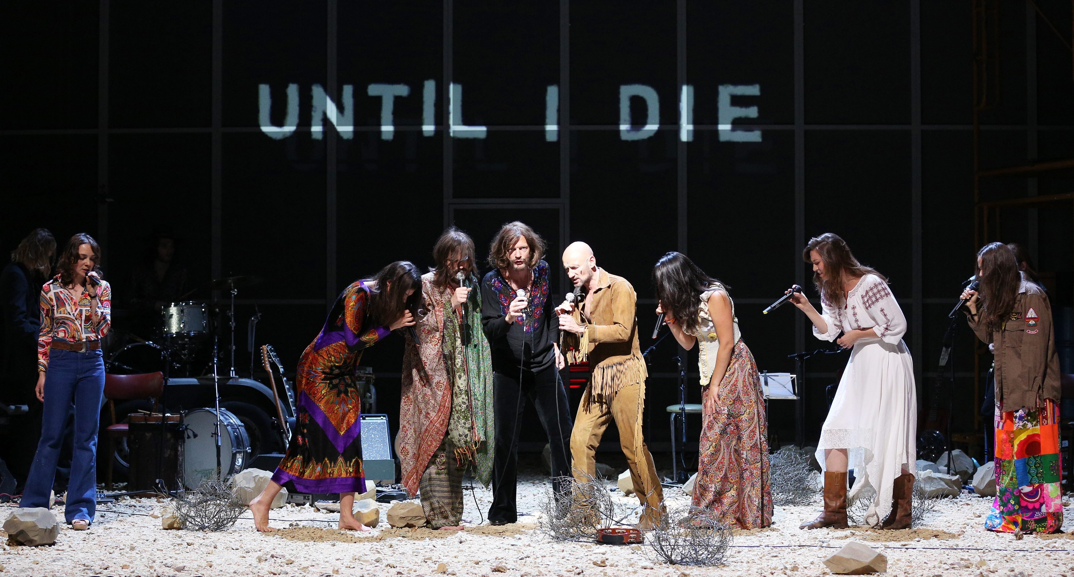 Actors Maja Schoene, Alicia Aumueller, Joerg Pohl, Sebastian Rudolph, Tilo Werner, Miriam Struebel, Franziska Hartmann and Tabita Johannes perform during a press rehearsal of 'Charles Manson: Summer of Hate - The Musical' at the Thalia Theater in Hamburg