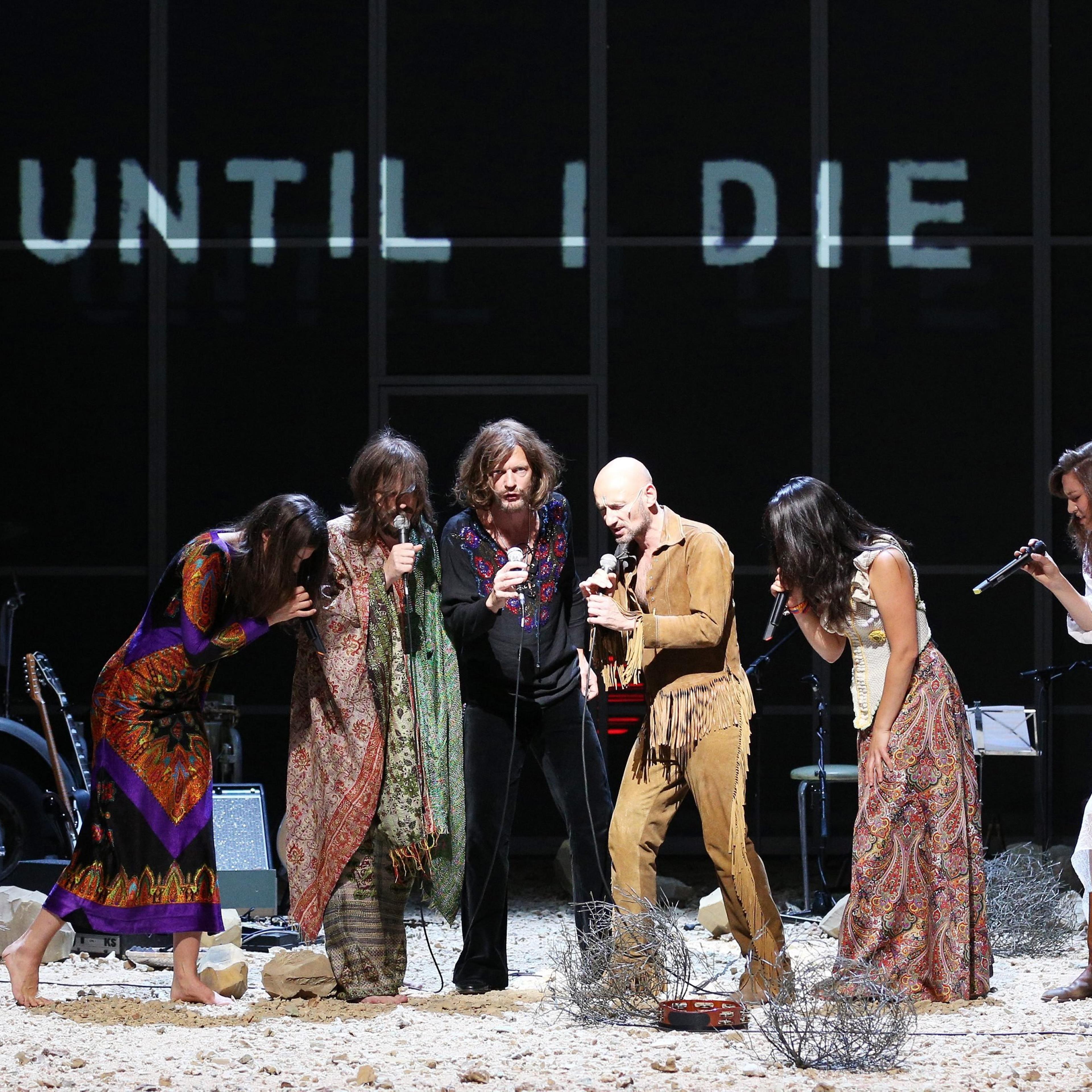 Actors Maja Schoene, Alicia Aumueller, Joerg Pohl, Sebastian Rudolph, Tilo Werner, Miriam Struebel, Franziska Hartmann and Tabita Johannes perform during a press rehearsal of 'Charles Manson: Summer of Hate - The Musical' at the Thalia Theater in Hamburg