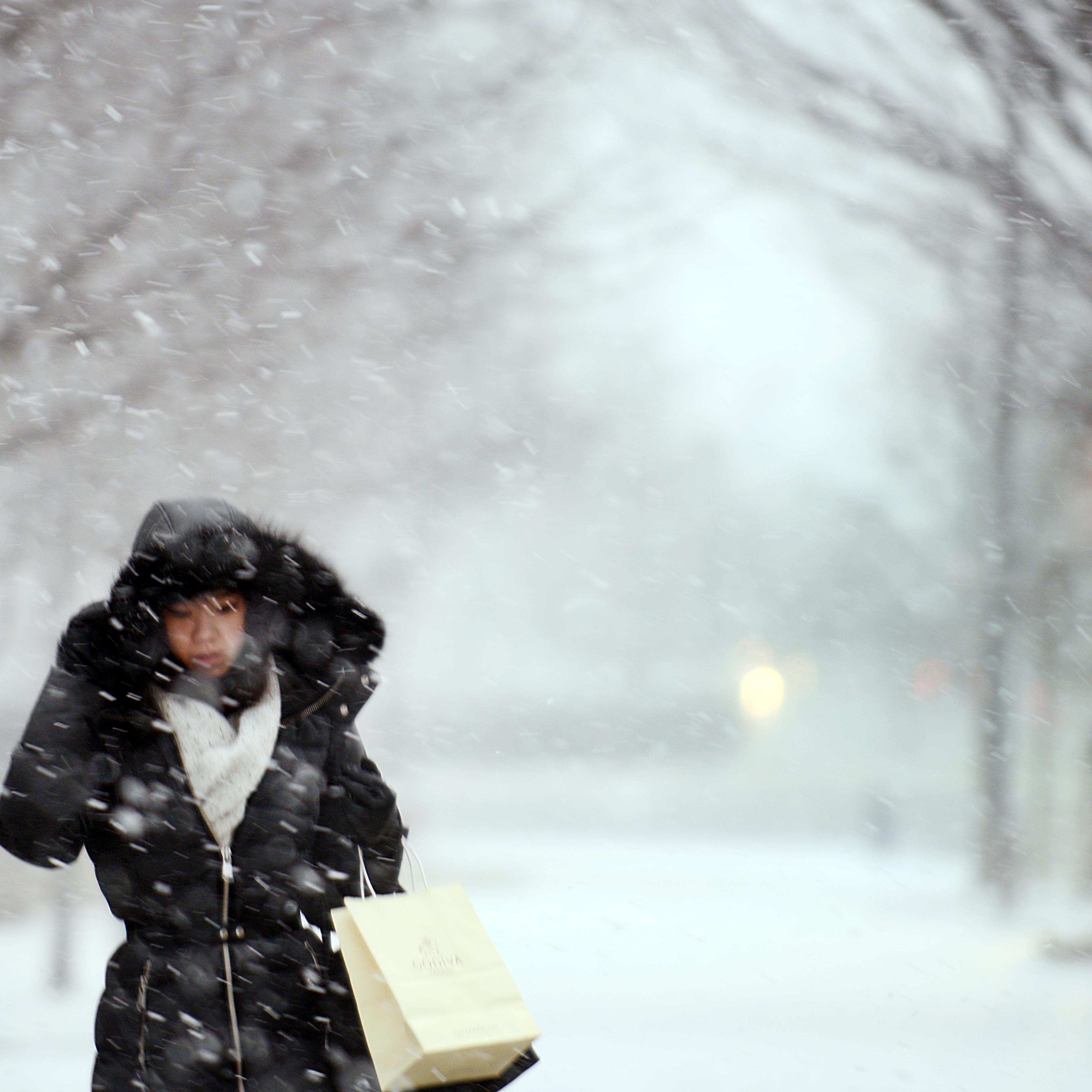 Ai Koid, 25, fights gusty wind chills and snow while walking to the bus stop at Dupont Circle in Washington, D.C., on Feb. 13, 2016.