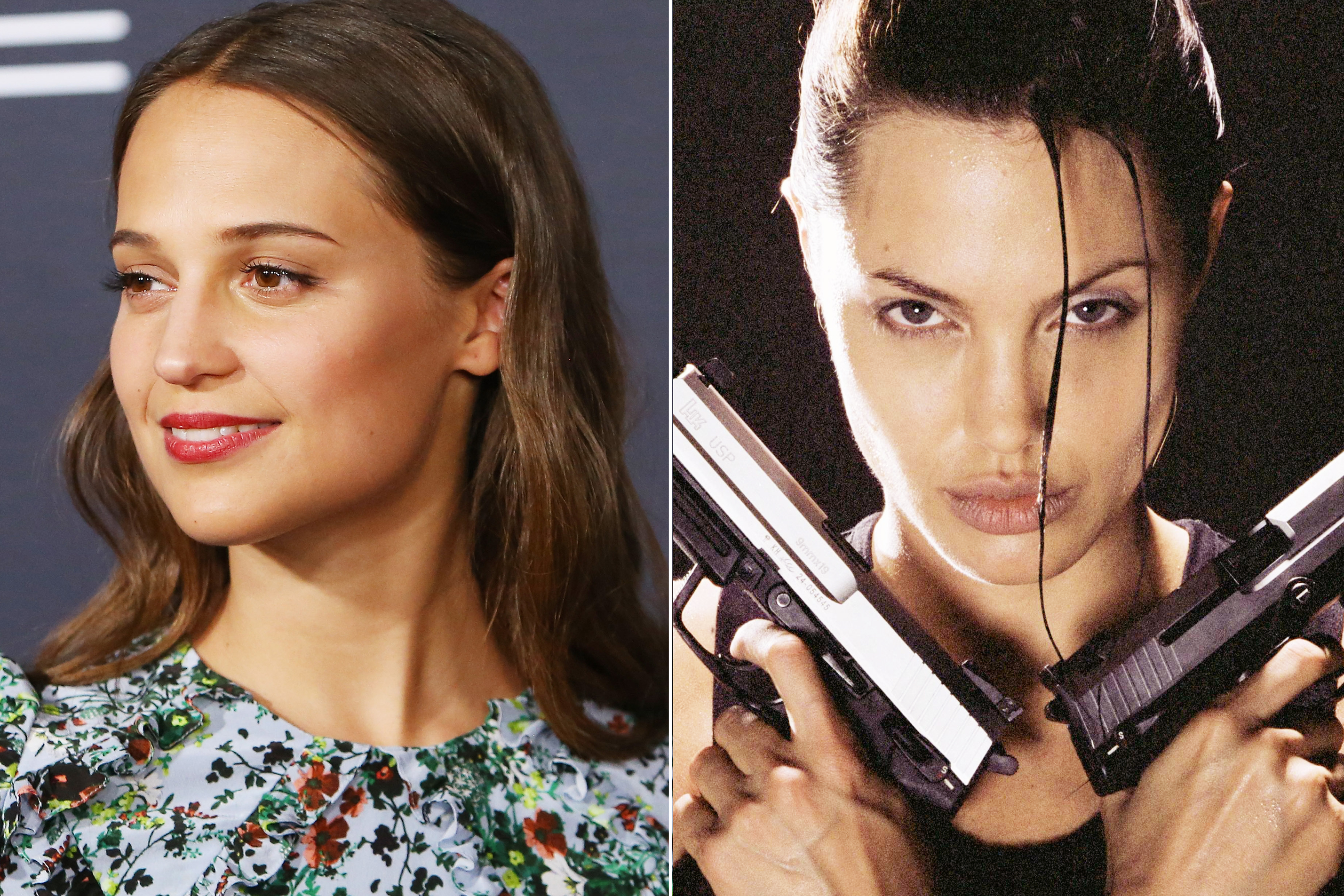Alicia Vikander in Hollywood on Feb. 26, 2016 (R); Angelina Jolie in Tomb raider