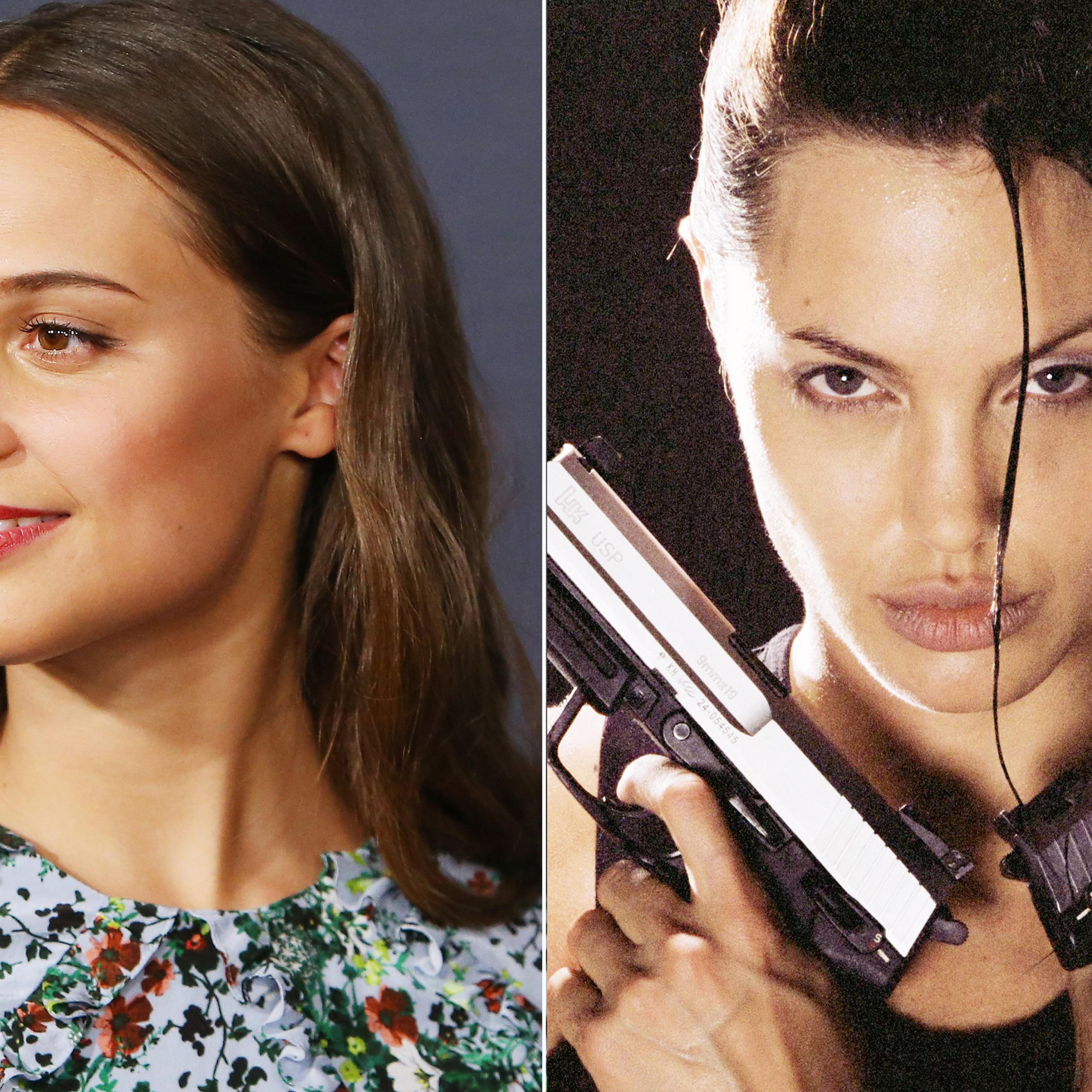 Alicia Vikander in Hollywood on Feb. 26, 2016 (R); Angelina Jolie in Tomb raider