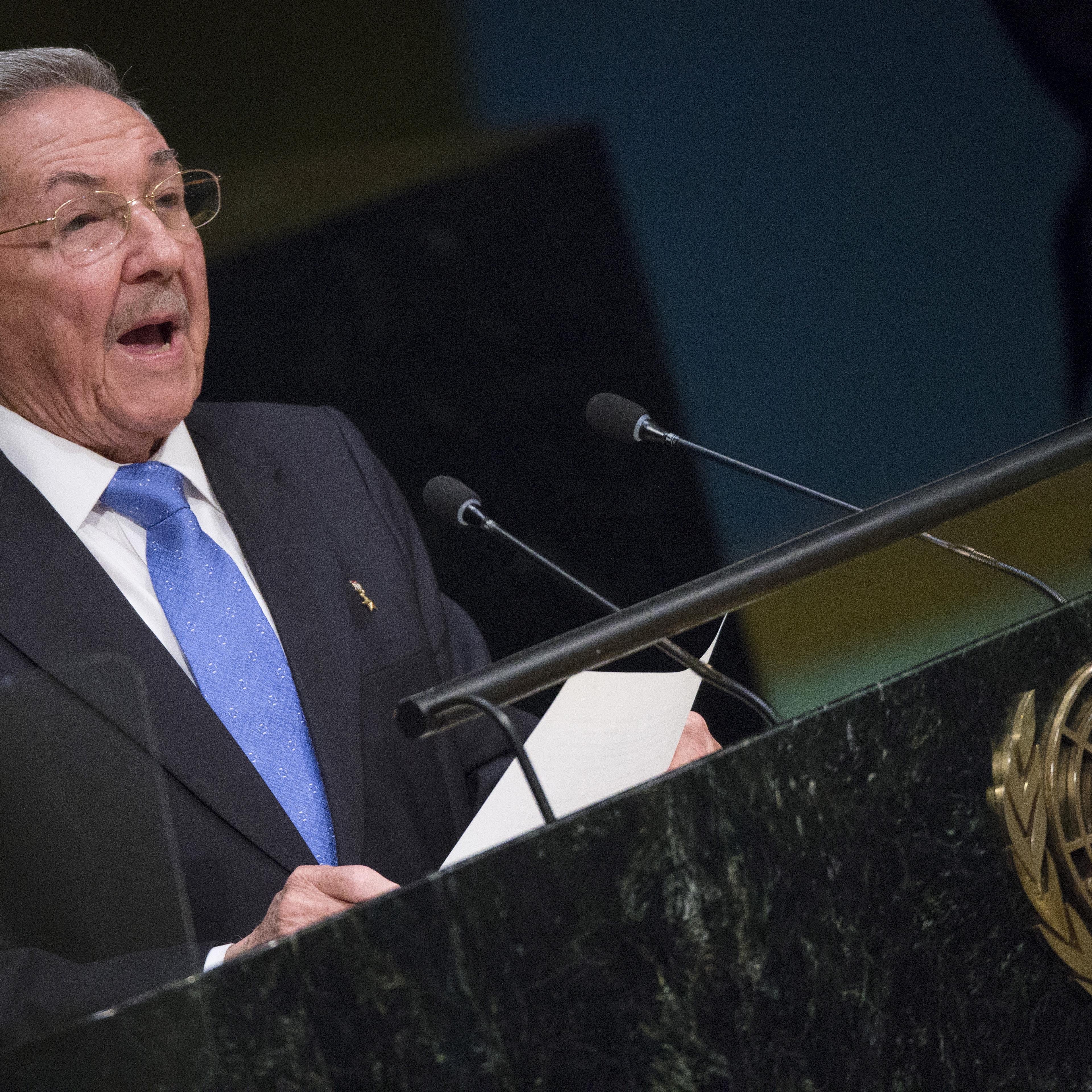 Cuban President Castro addresses attendees during the 70th session of the United Nations General Assembly in New York