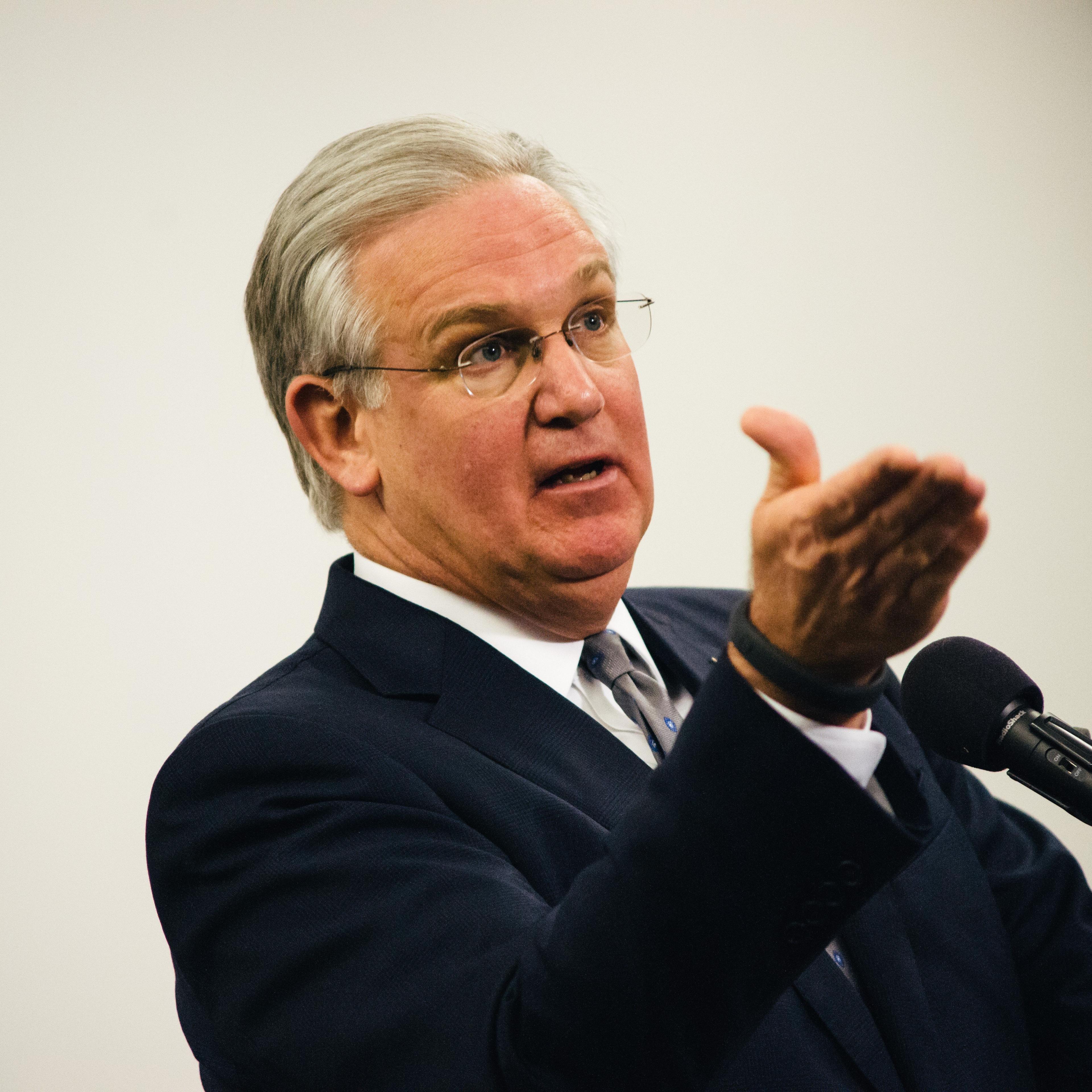 Missouri Governor Jay Nixon talks during a press conference at the Missouri Highway Patrol Headquarters in Weldon Springs on Nov. 11th, 2014.