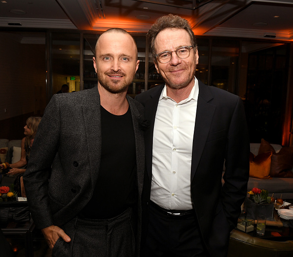 Aaron Paul and Bryan Cranston pose at the after party for the premiere of Netfflix's "El Camino: A Breaking Bad Movie" at Baltaire in Los Angeles, California on October 07, 2019.
