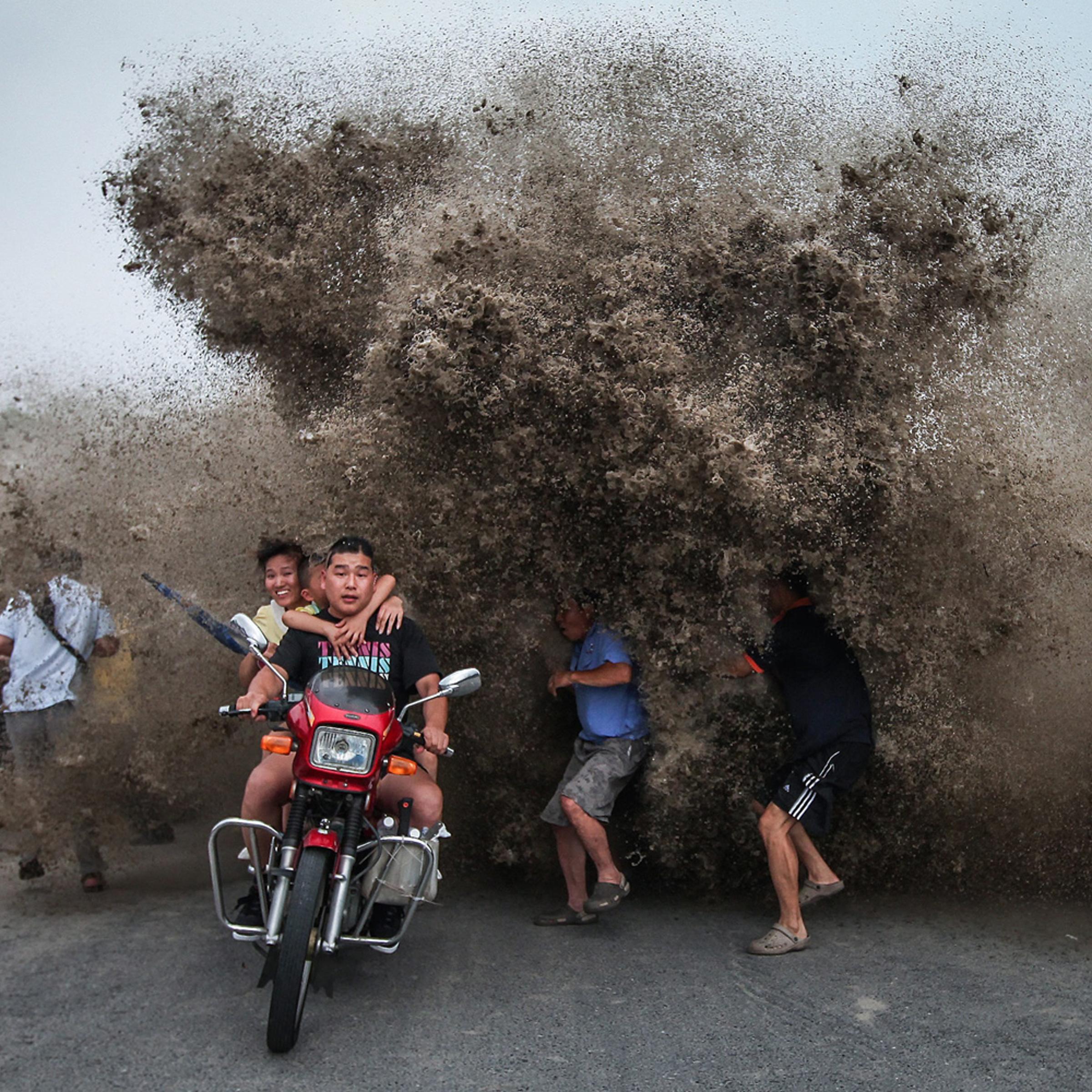 High waves hitting the Qiantang River bank