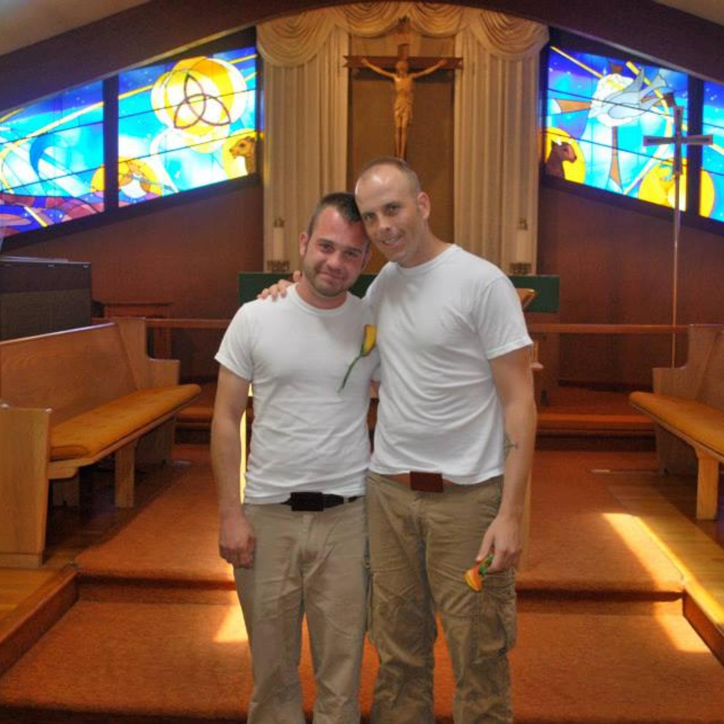 Thom Kostura and Ijpe DeKoe on their wedding day in New York on August 4, 2011.