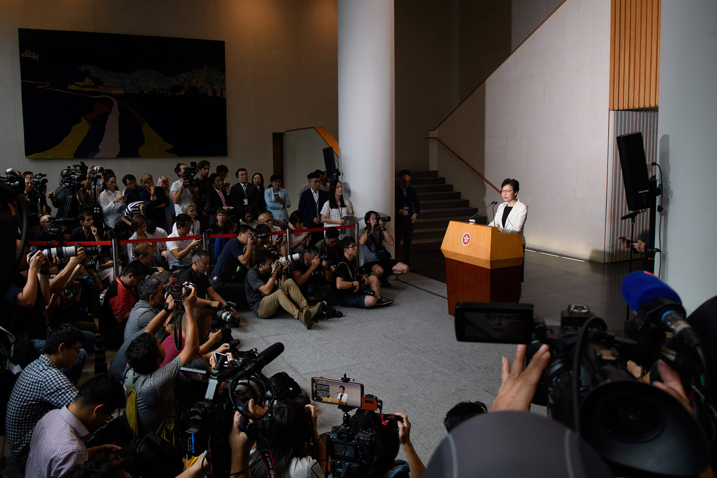 Hong Kong Chief Executive Carrie Lam speaks to the media during her weekly press conference in Hong Kong on Sept. 3, 2019.