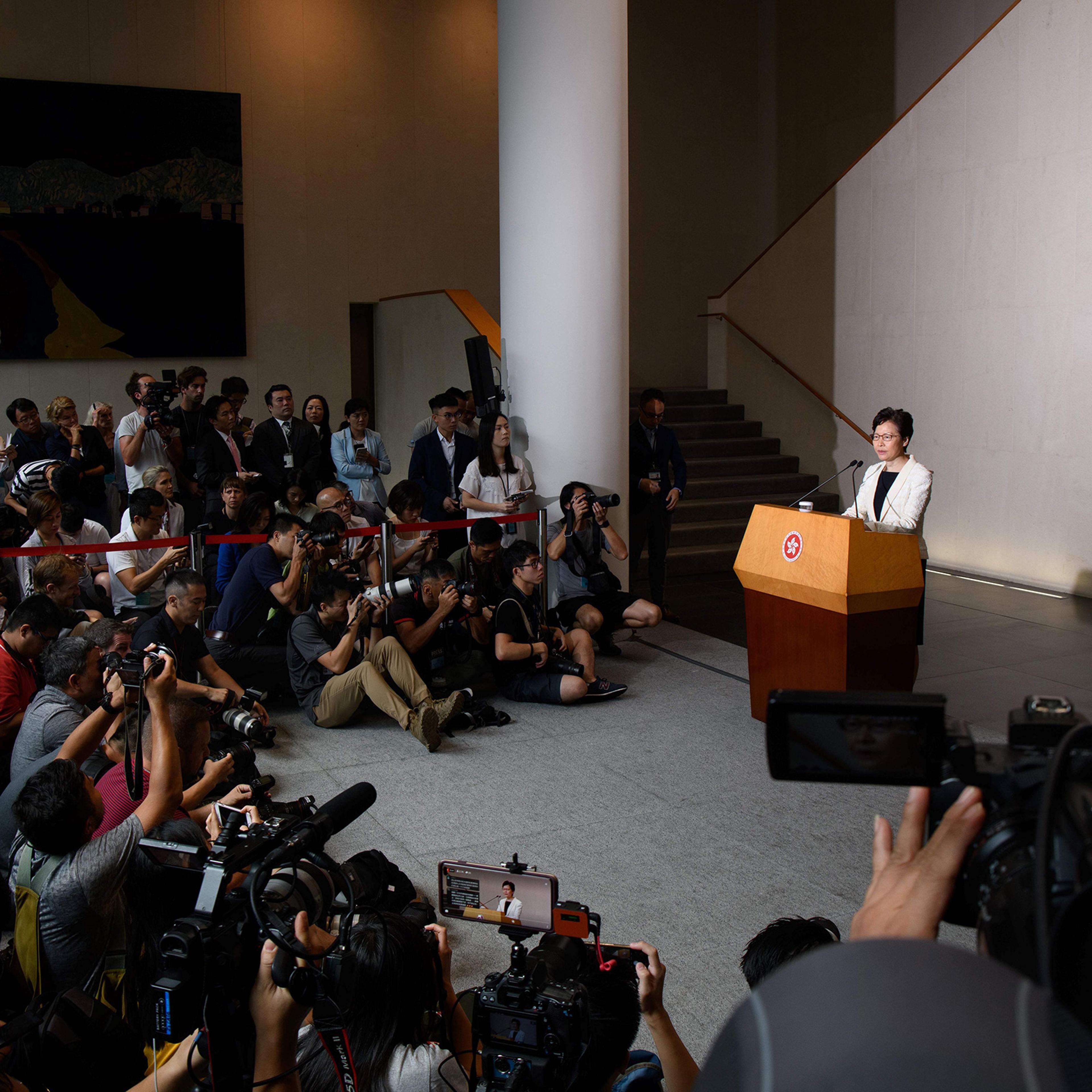 Hong Kong Chief Executive Carrie Lam speaks to the media during her weekly press conference in Hong Kong on Sept. 3, 2019.