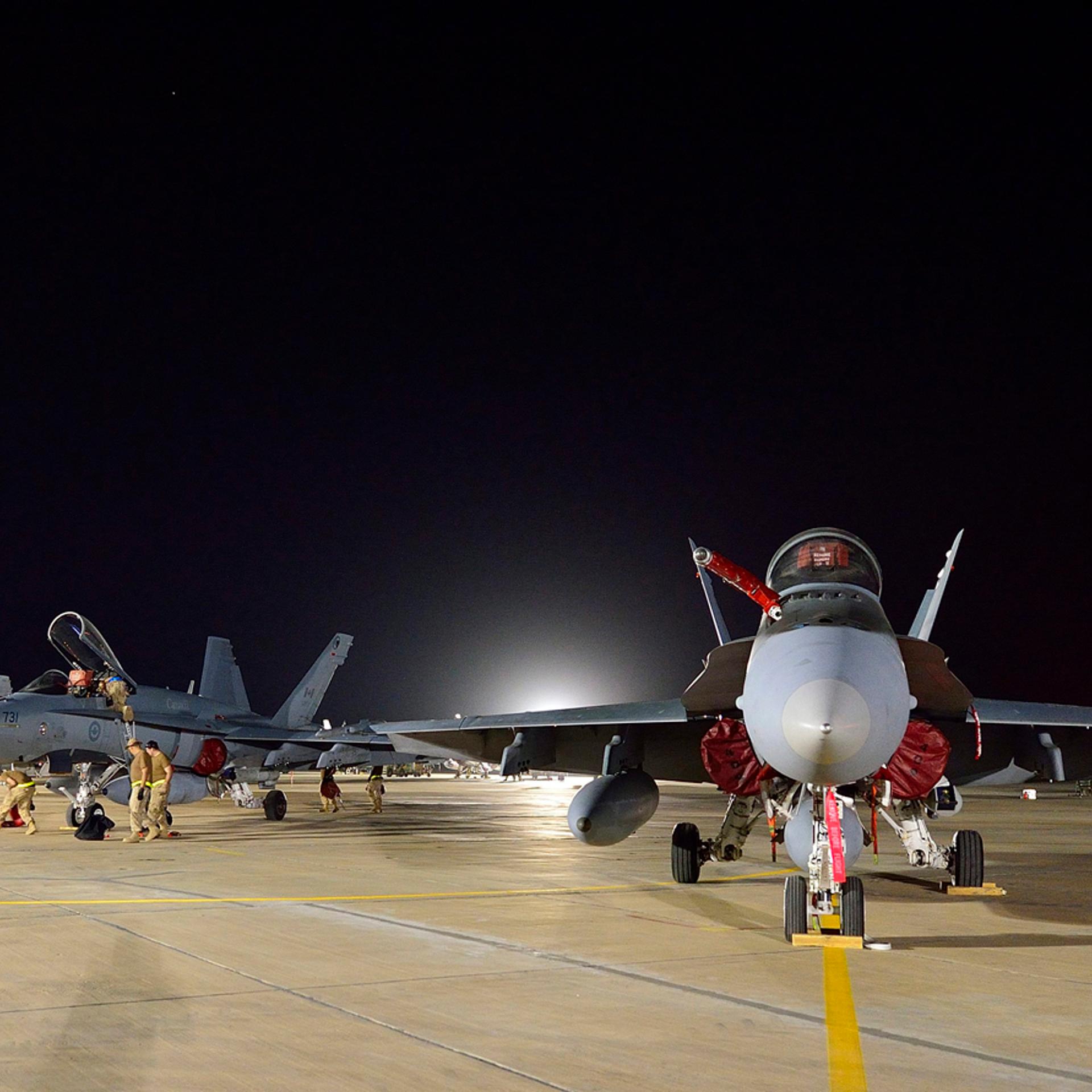 A Canadian Armed Forces CF-18 Fighter jets arrive at the Canadian Air Task Force Flight Operations Area in Kuwait