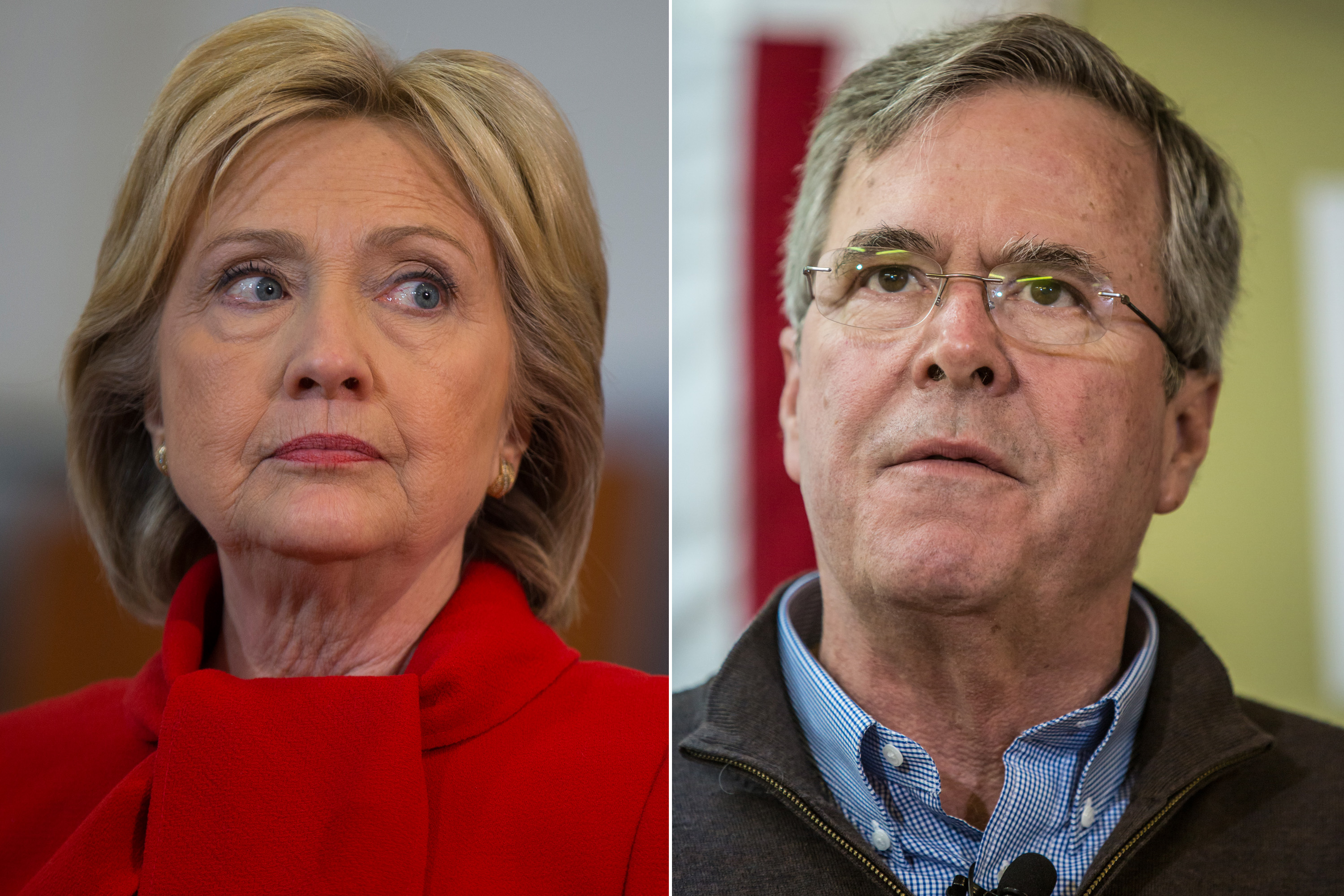 Left Hillary Clinton speaks during a campaign rally at Burford Garner Elementary School in North Liberty, Iowa on Jan.24, 2016. Right Jeb Bush speaks at a campaign event at his local field office in Hiawatha, Iowa on Jan. 31, 2016.
