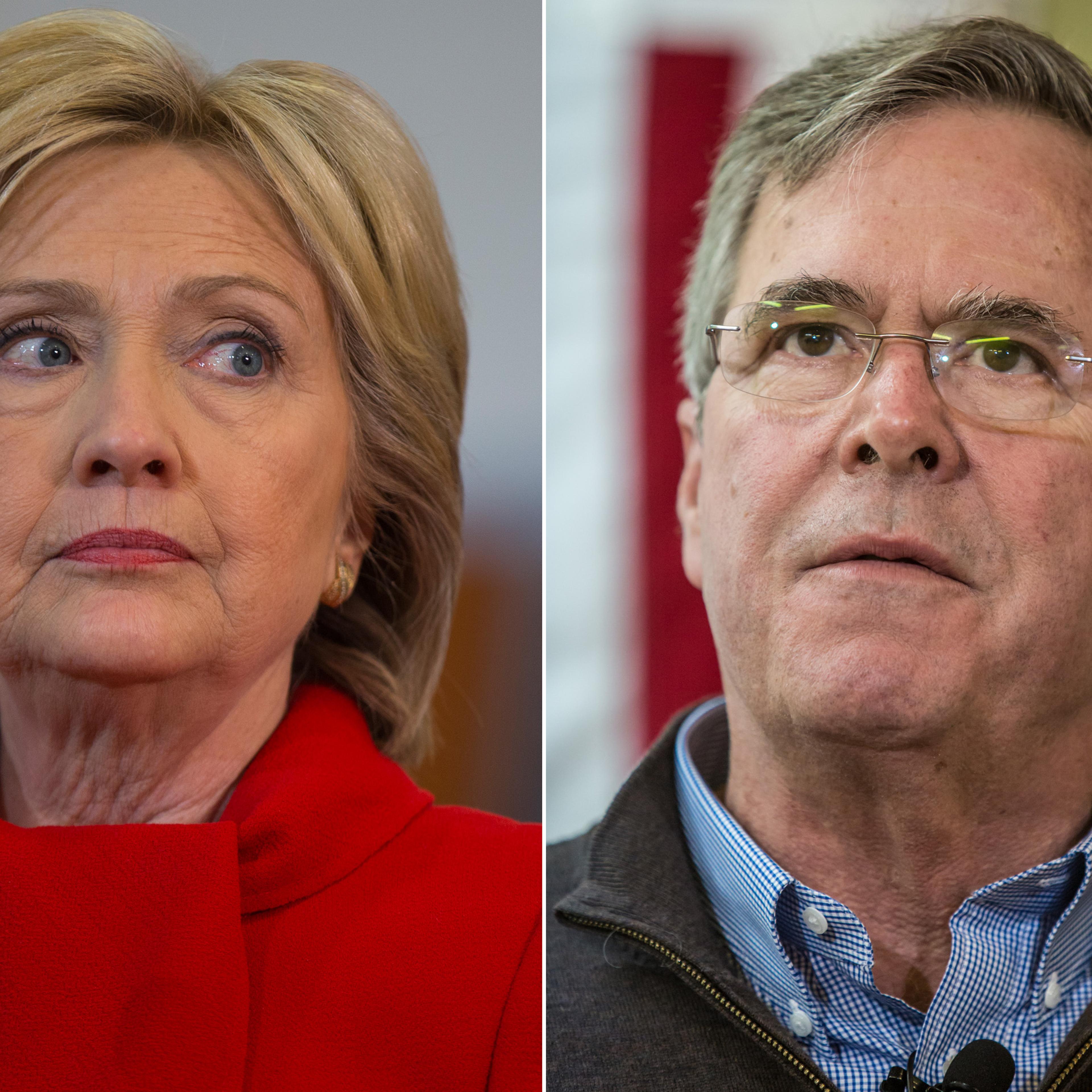 Left Hillary Clinton speaks during a campaign rally at Burford Garner Elementary School in North Liberty, Iowa on Jan.24, 2016. Right Jeb Bush speaks at a campaign event at his local field office in Hiawatha, Iowa on Jan. 31, 2016.