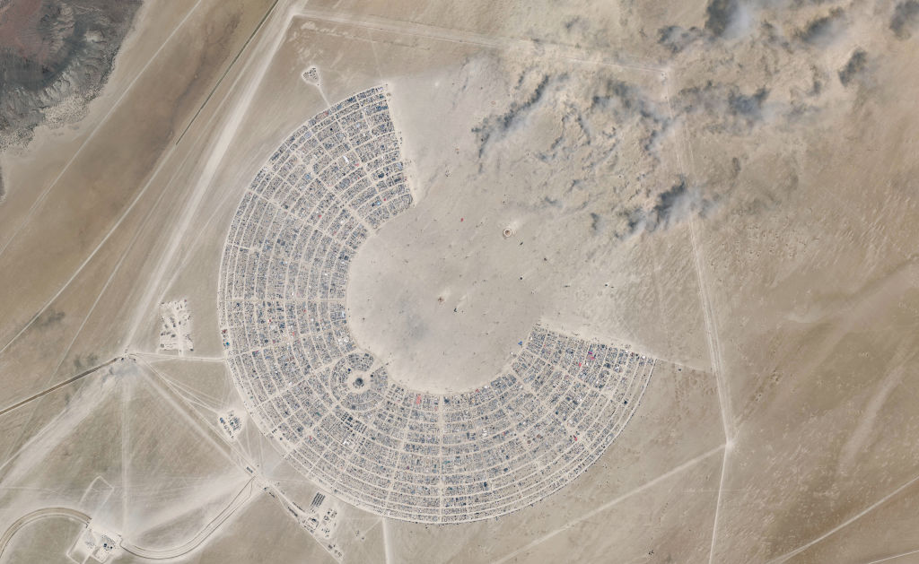 BLACK ROCK DESERT, NEVADA -- AUGUST 29, 2023:  Maxar satellite imagery of the 2023 Burning Man Festival held in the Black Rock Desert about 100 miles north of Reno, NV.  Please use: Satellite image (c) 2024 Maxar Technologies.