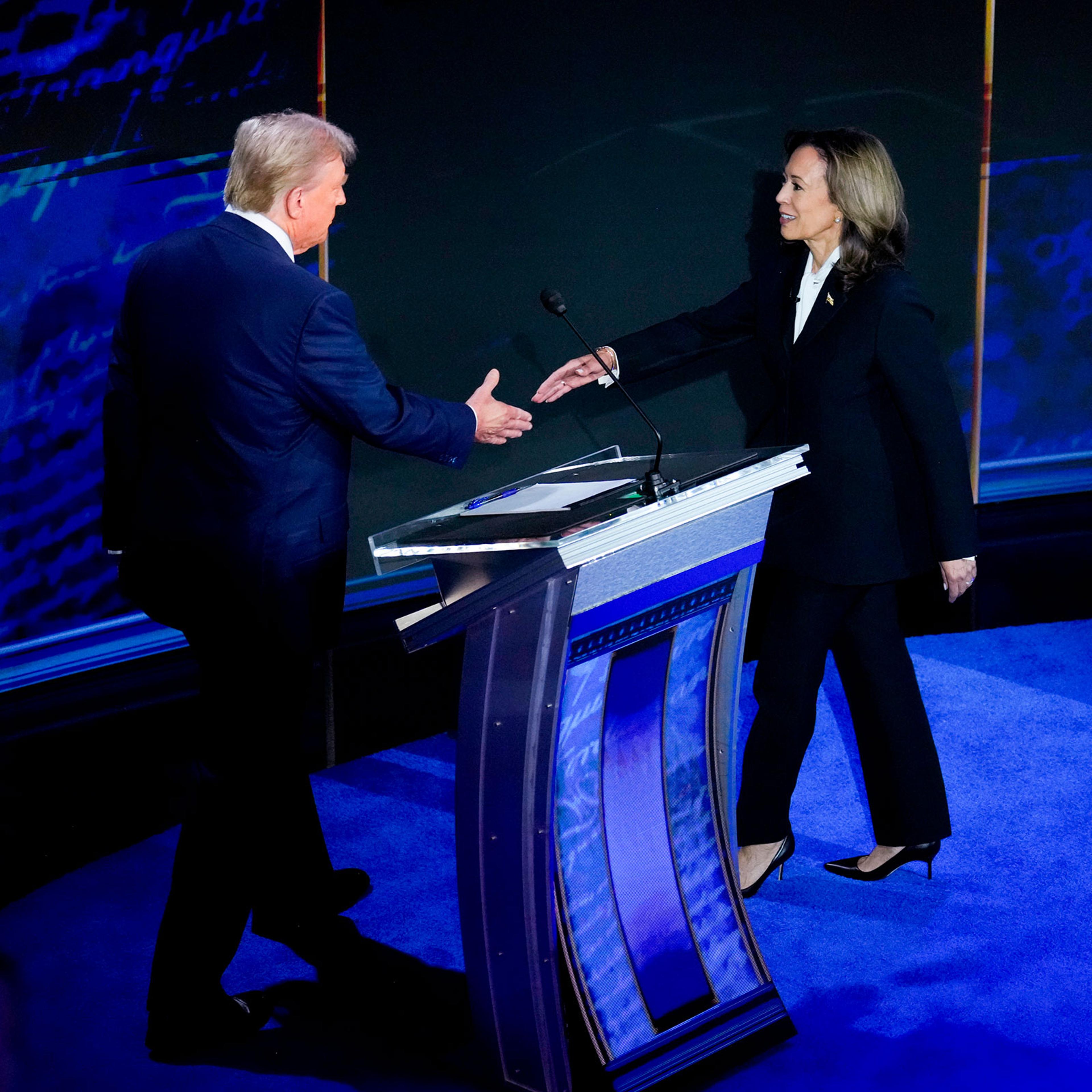 Vice President Kamala Harris, right, and former President Donald Trump shake hands during the second presidential debate at the Pennsylvania Convention Center in Philadelphia, on Sept. 10, 2024.