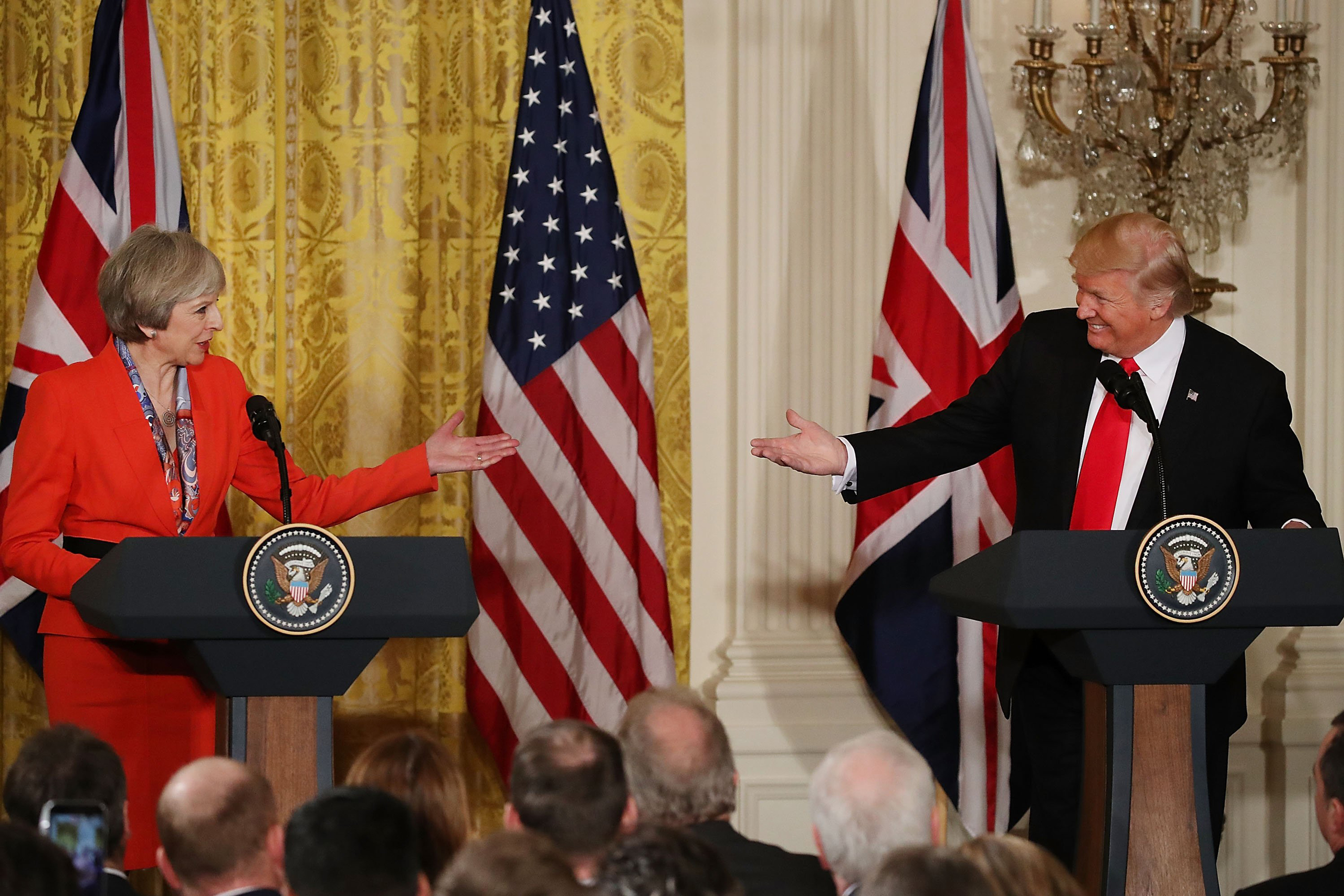WASHINGTON, DC - JANUARY 27: U.S. President Donald Trump (R) and British Prime Minister Theresa May ,participate in a joint press conference at the East Room of the White House January 27, 2017 in Washington, DC. Prime Minister May is on a visit to the W