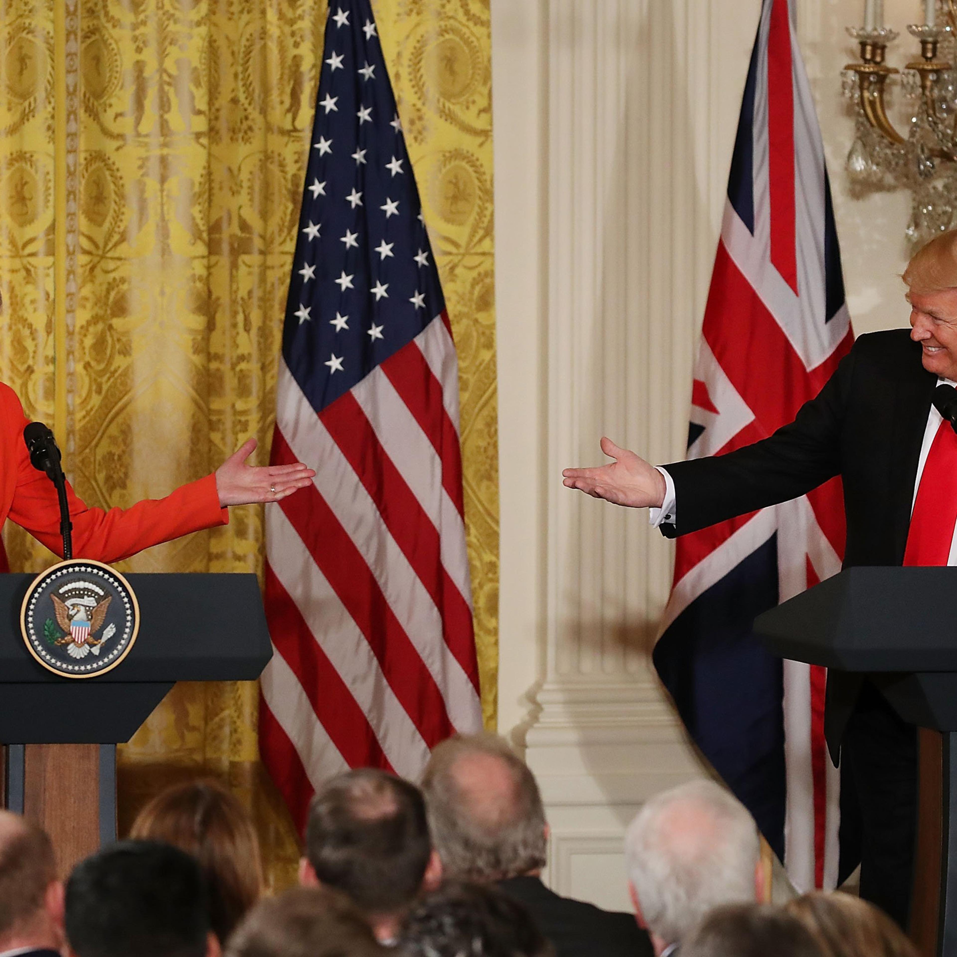 WASHINGTON, DC - JANUARY 27: U.S. President Donald Trump (R) and British Prime Minister Theresa May ,participate in a joint press conference at the East Room of the White House January 27, 2017 in Washington, DC. Prime Minister May is on a visit to the W