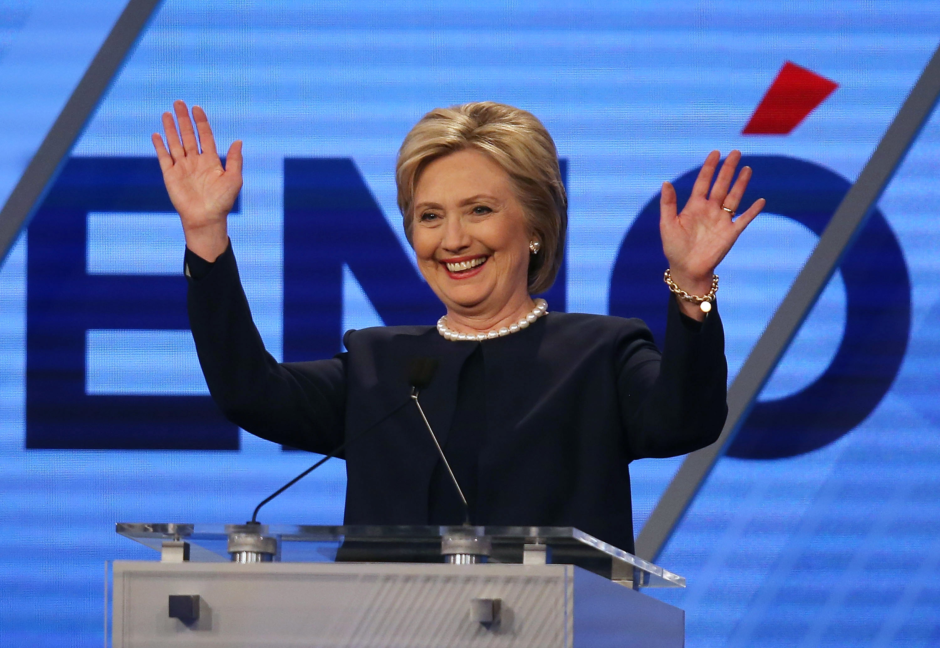 MIAMI, FL - MARCH 09:   Democratic presidential candidate Hillary Clinton waves during her debate against Democratic presidential candidate Senator Bernie Sanders (D-VT) at the Univision News and Washington Post Democratic Presidential Primary Debate at 