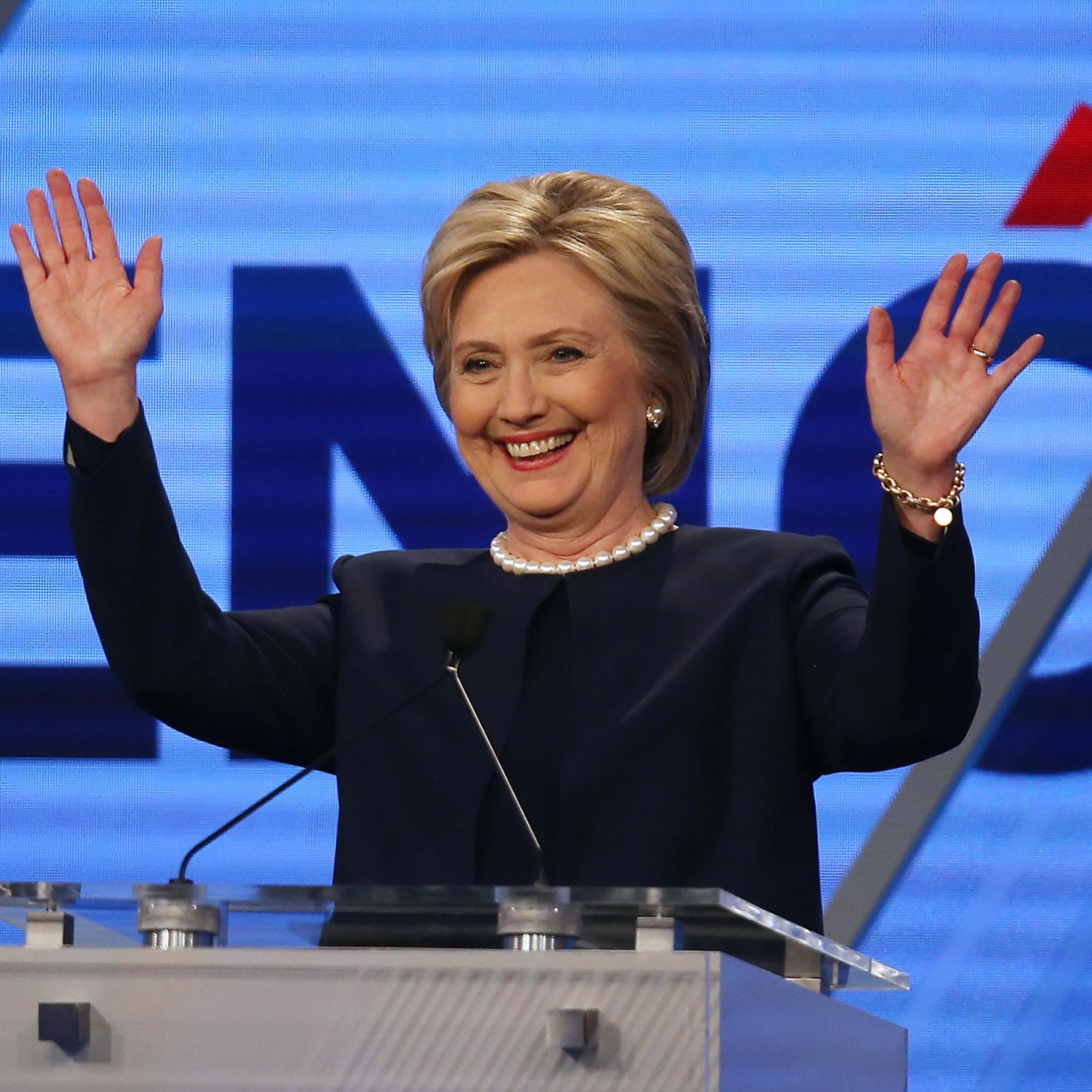 MIAMI, FL - MARCH 09: Democratic presidential candidate Hillary Clinton waves during her debate against Democratic presidential candidate Senator Bernie Sanders (D-VT) at the Univision News and Washington Post Democratic Presidential Primary Debate at