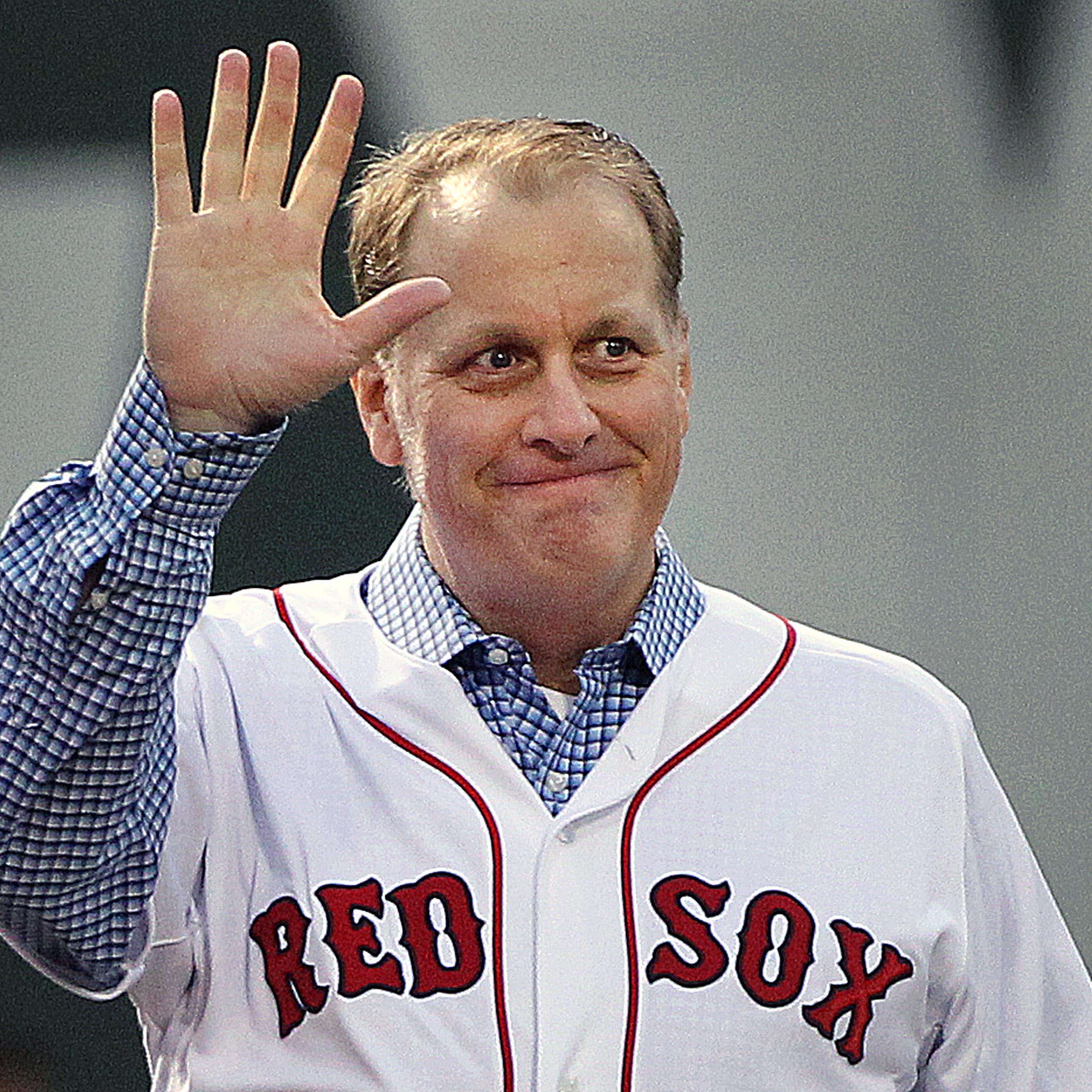 Former Boston Red Sox pitcher Curt Schilling is honored before a game between the Red Sox and the Atlanta Braves on May 28, 2014 in Boston.