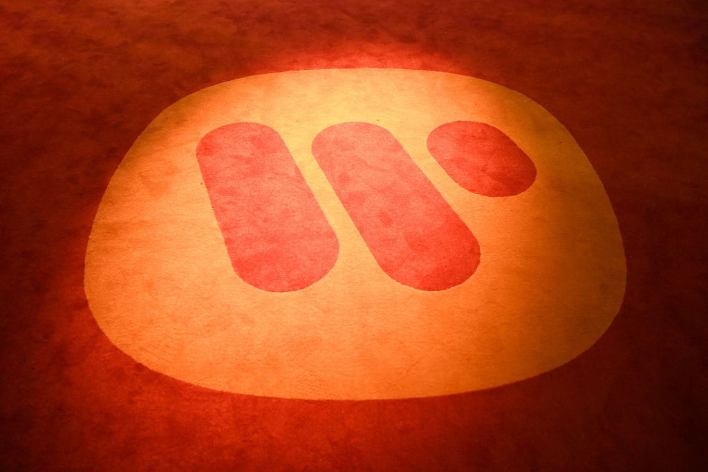 The Warner Music Group logo is displayed during the Warner Music Group Pre-Grammy Party at Citizen News Hollywood on February 1, 2024 in Los Angeles, California.