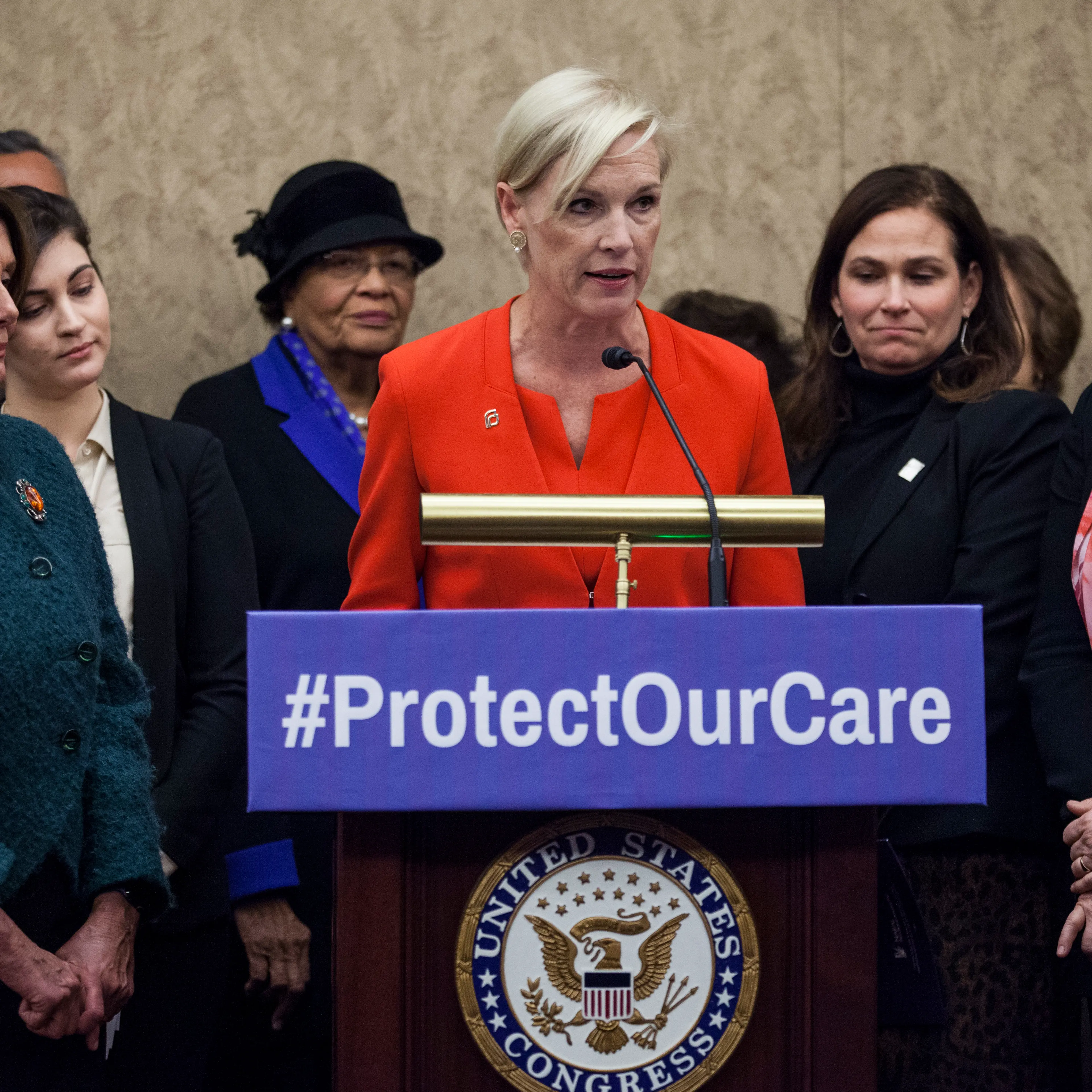Planned Parenthood president Cecile Richards, joined by House Minority Leader Nancy Pelosi of Calif., left, and Rep. Diana DeGette, D-Colo., right, and others, speaks during a news conference discussing women's health care, Jan. 5, 2017, on Capitol Hill