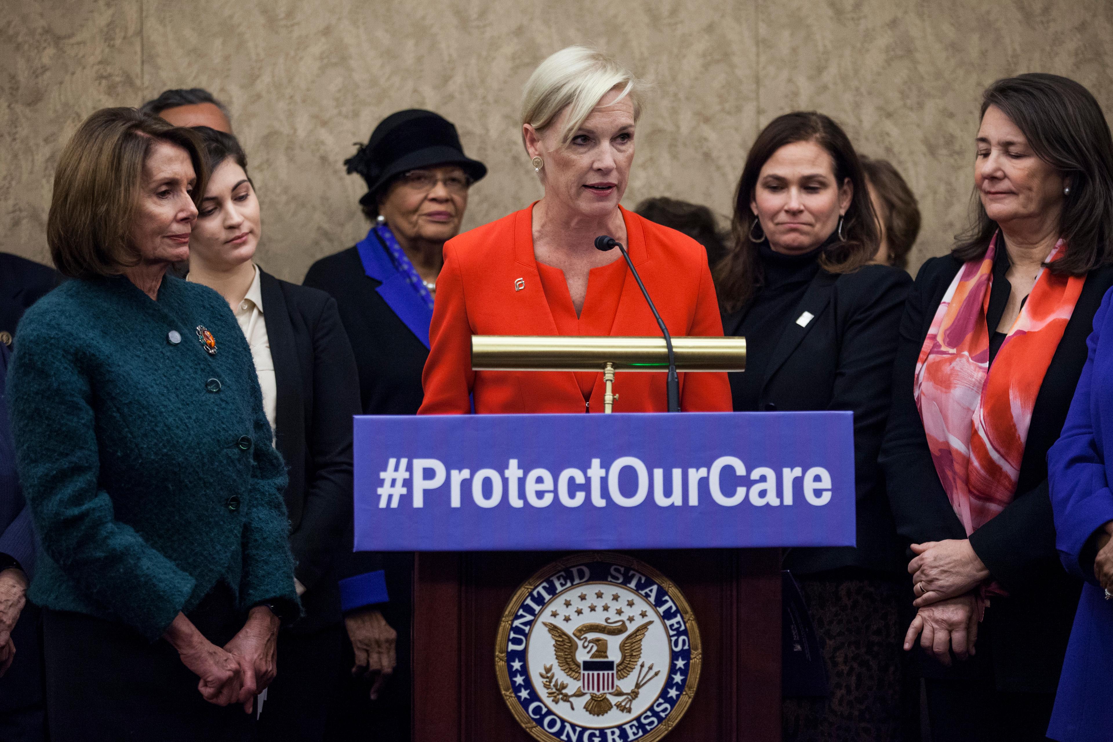 Planned Parenthood president Cecile Richards, joined by House Minority Leader Nancy Pelosi of Calif., left, and Rep. Diana DeGette, D-Colo., right, and others, speaks during a news conference discussing women's health care, Jan. 5, 2017, on Capitol Hill