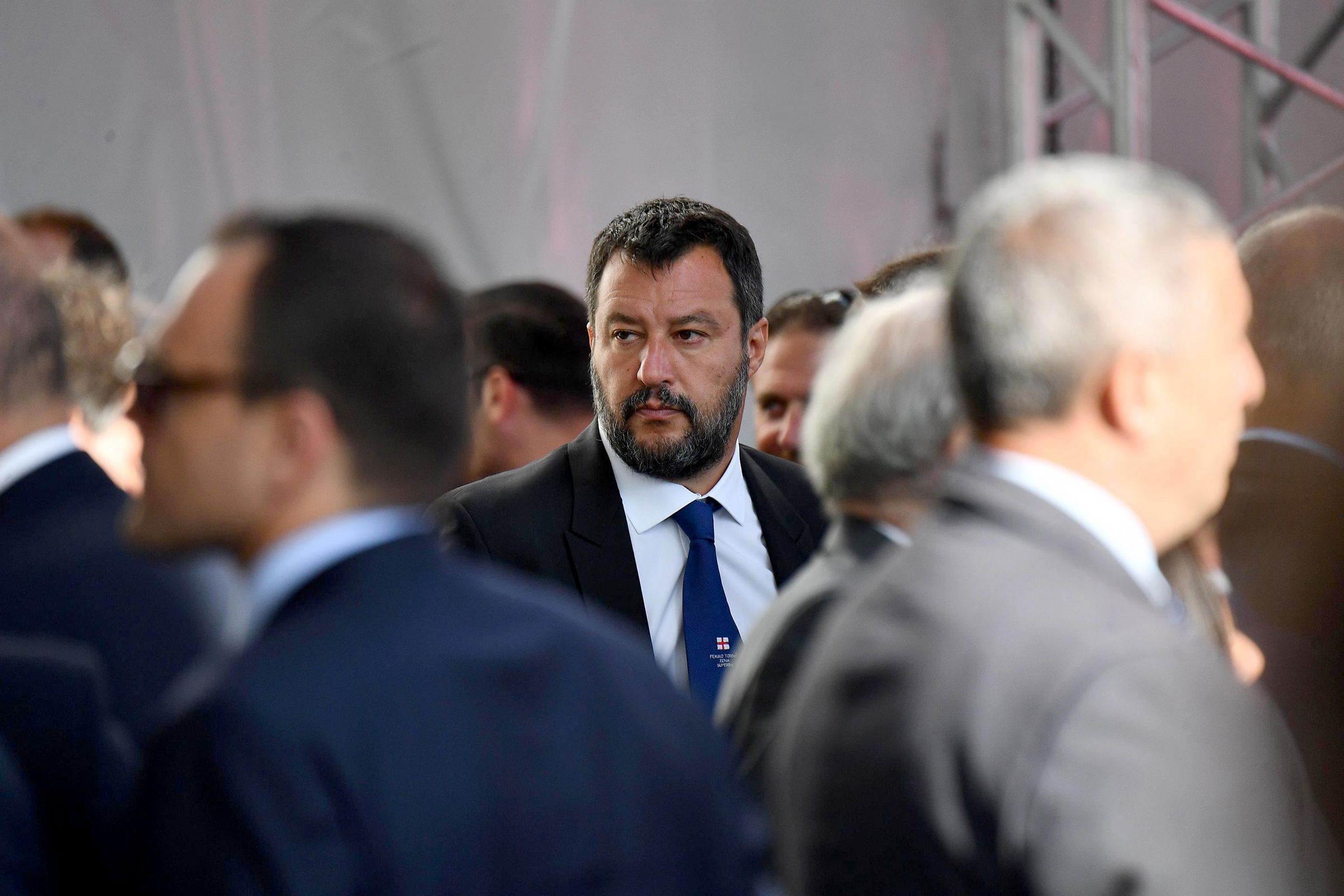 Italian Deputy Premier and Interior Minister Matteo Salvini arrives to attend a memorial ceremony for the victims on the first anniversary of the Morandi highway bridge collapse, in Genoa on August 14.