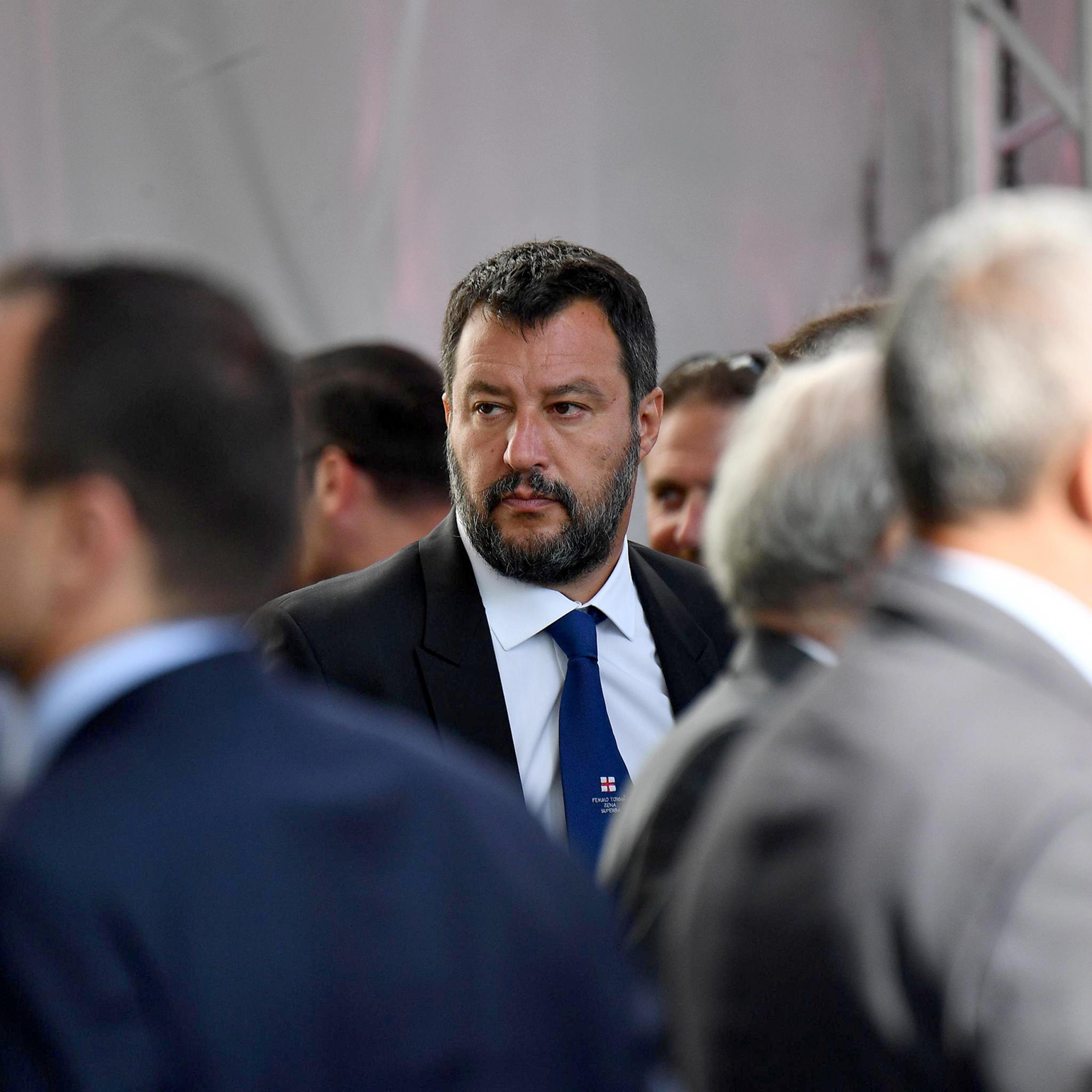 Italian Deputy Premier and Interior Minister Matteo Salvini arrives to attend a memorial ceremony for the victims on the first anniversary of the Morandi highway bridge collapse, in Genoa on August 14.