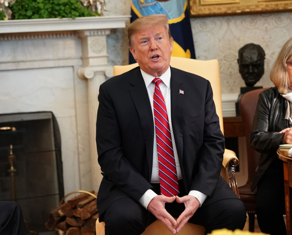 U.S. President Donald Trump speaks during a meeting with Brazilian President Jair Bolsonaro at the White House