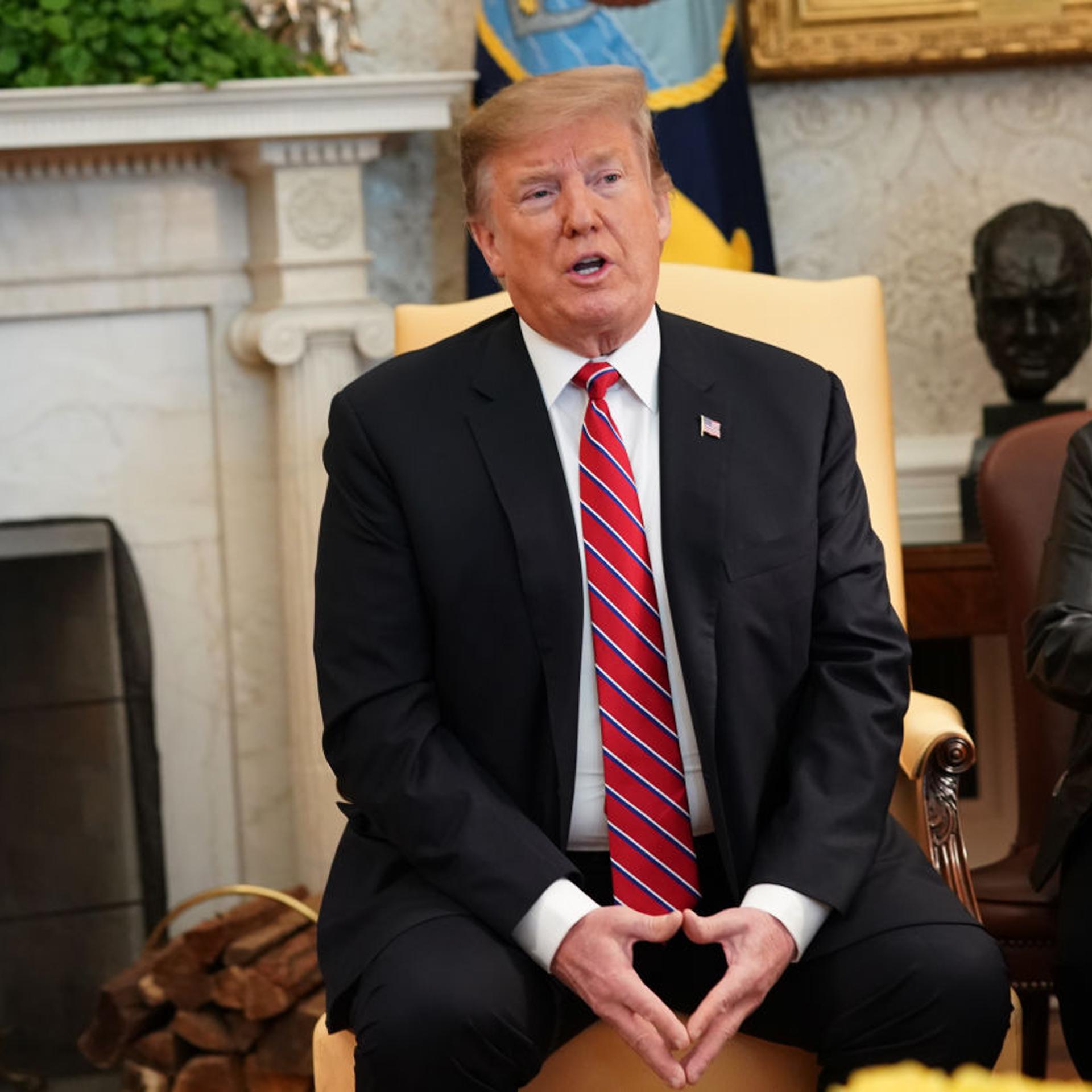 U.S. President Donald Trump speaks during a meeting with Brazilian President Jair Bolsonaro at the White House
