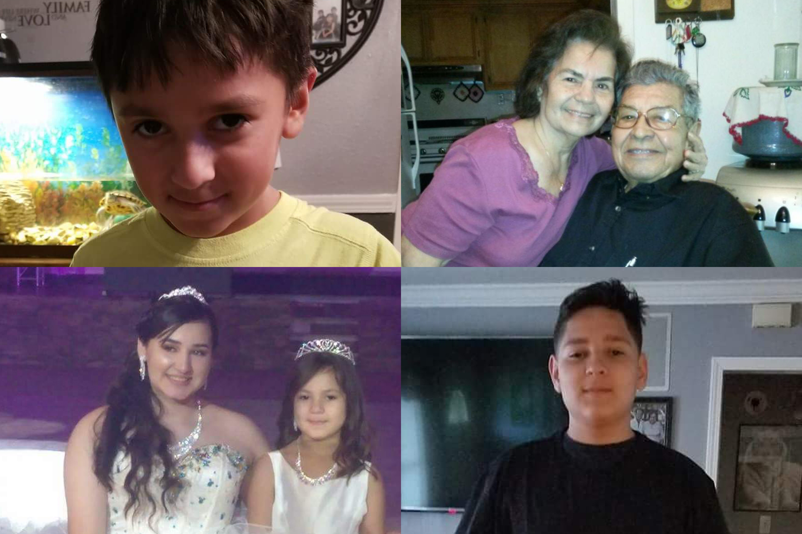Top left: Xavier Saldivar, 8; Top right: Bedia Saldivar, 81, and Manuel Saldivar, 84; Bottom left: Devy Saldivar, 16, and Daisy Saldivar, 6; Bottom right: Domonic Saldivar, 14