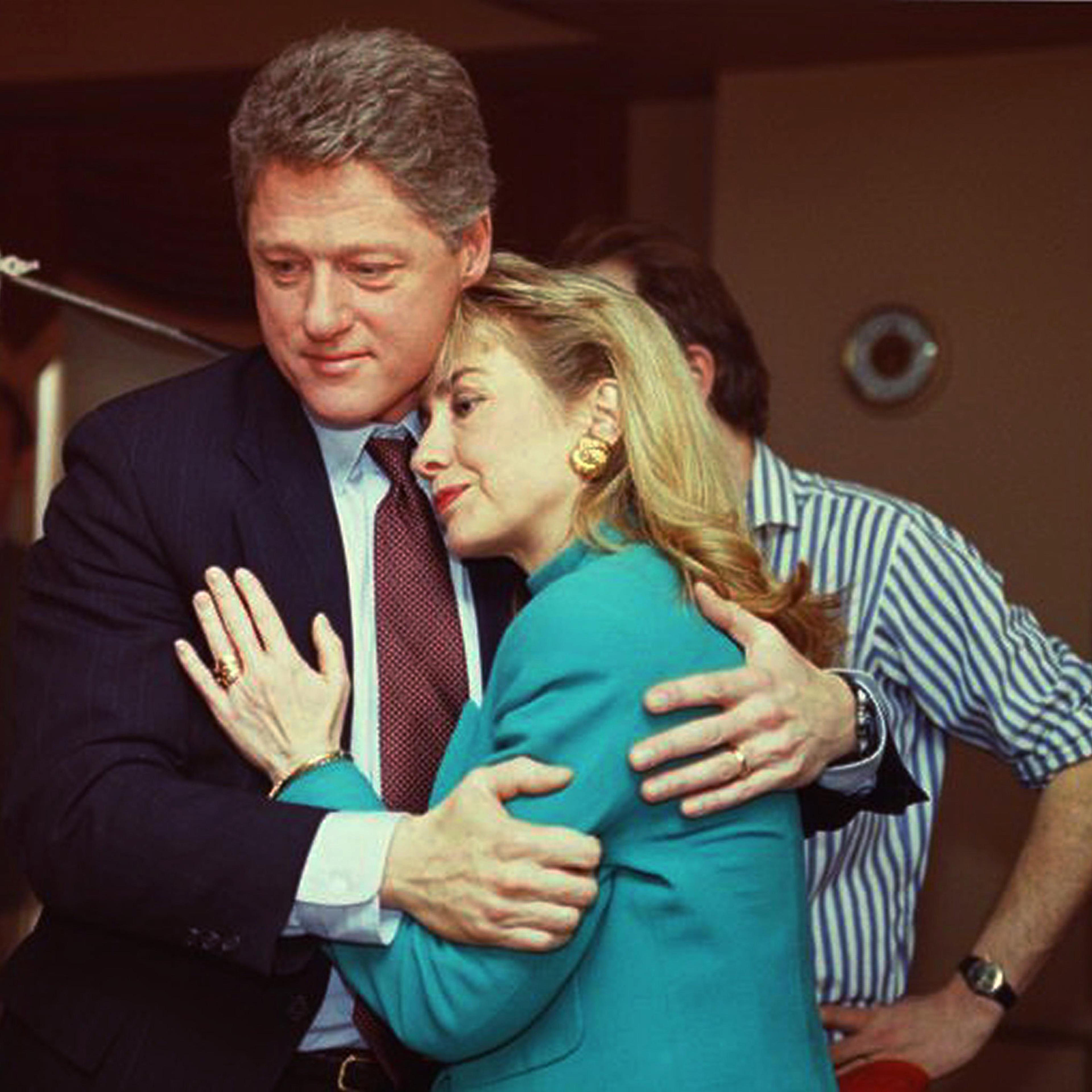The past conduct of Bill Clinton (above, in 1992 during the 60 Minutes shoot, comforting Hillary after a stage light fell nearby) may haunt his wife’s campaign
