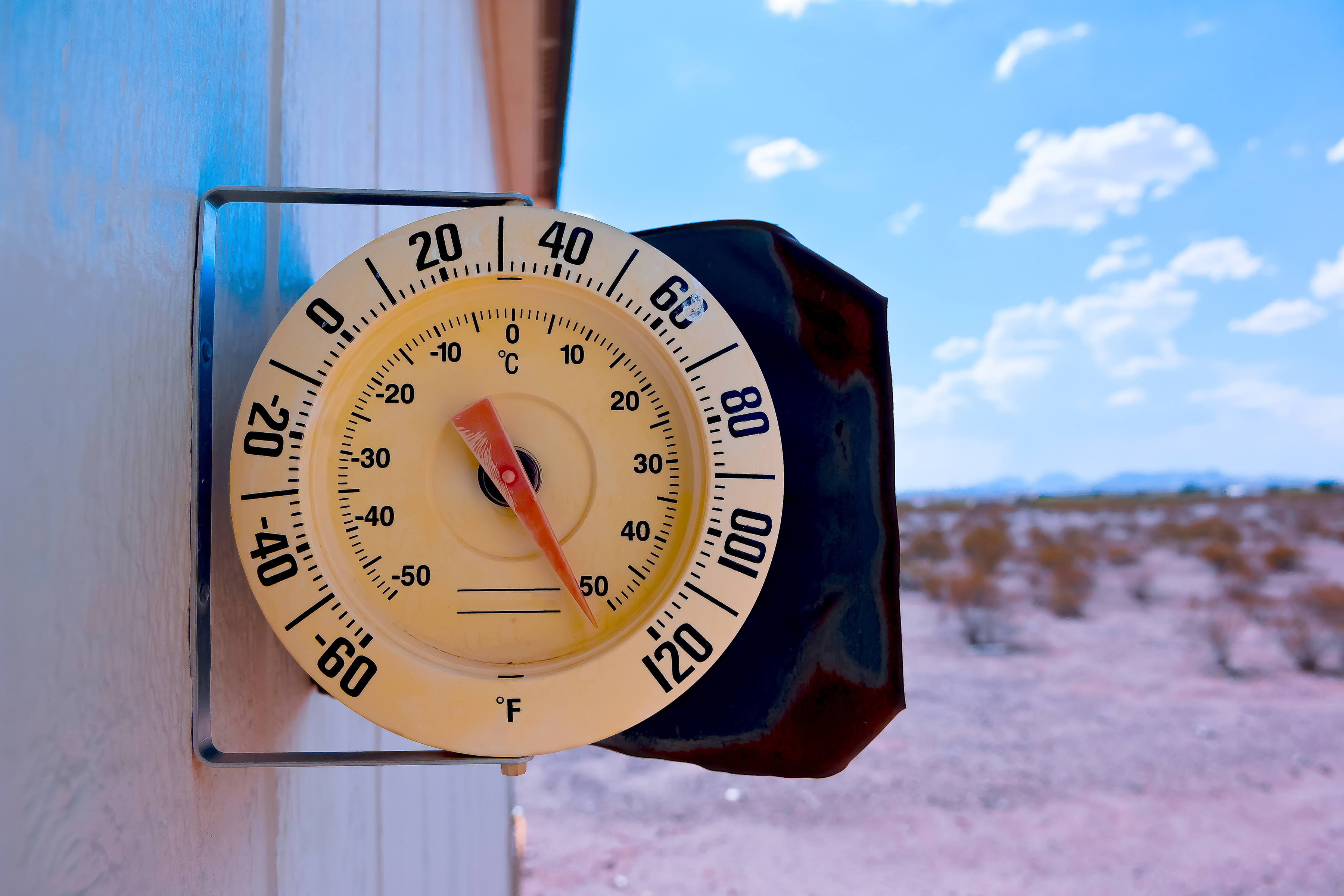 Thermometer on side of a house, Arizona, America, USA