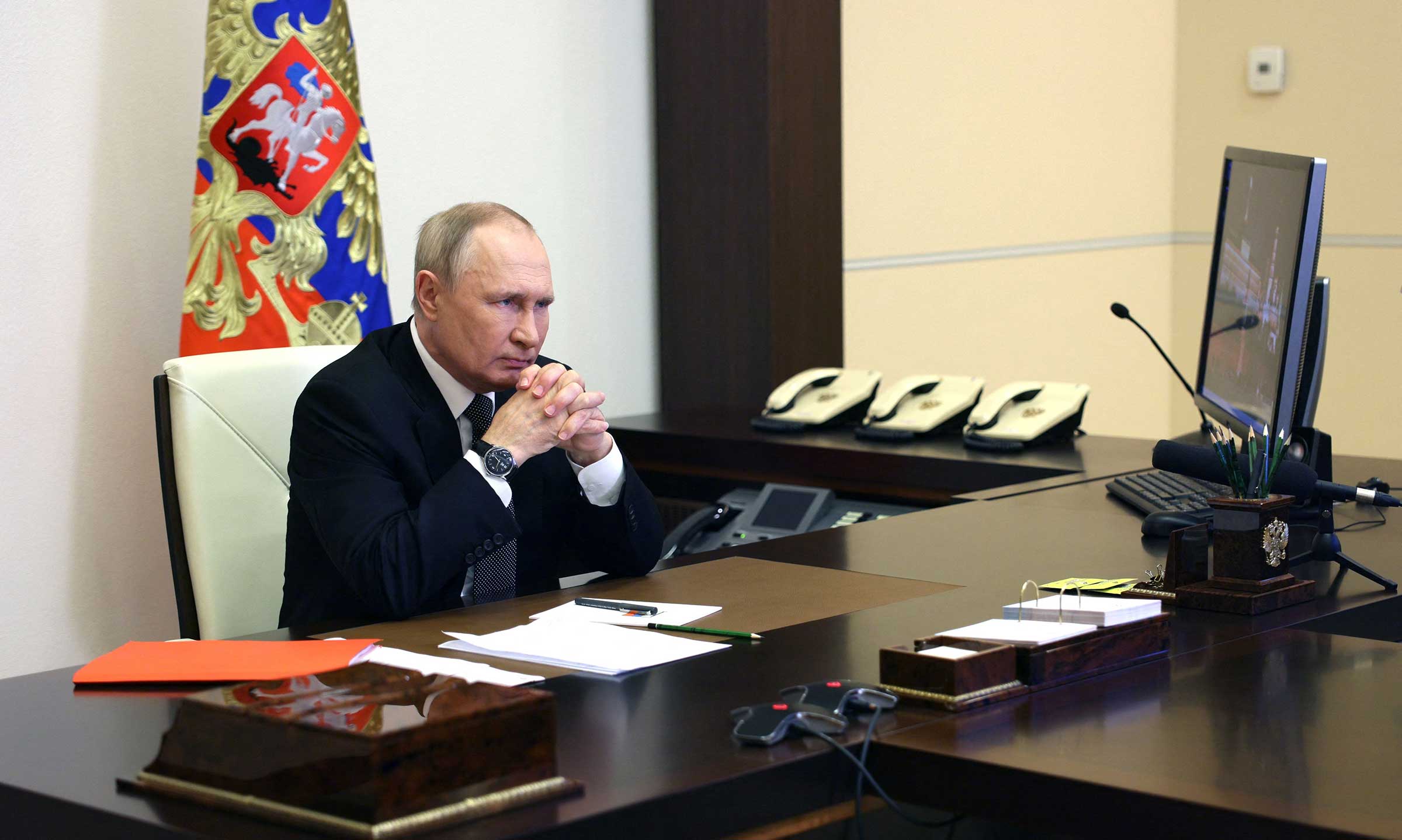 Russian President Vladimir Putin chairs a Security Council meeting via a video link at the Novo-Ogaryovo state residence outside Moscow on October 19, 2022.