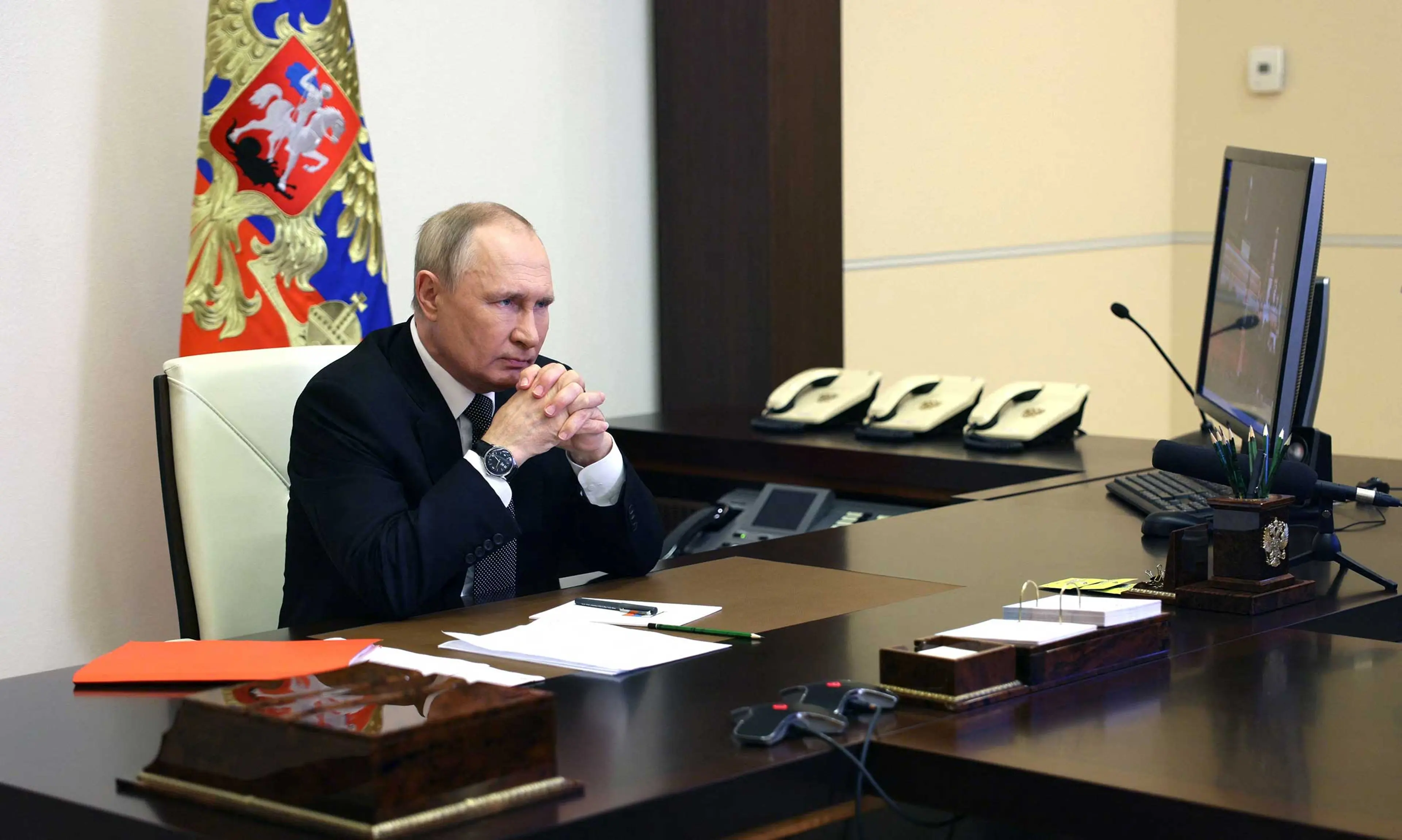 Russian President Vladimir Putin chairs a Security Council meeting via a video link at the Novo-Ogaryovo state residence outside Moscow on October 19, 2022.