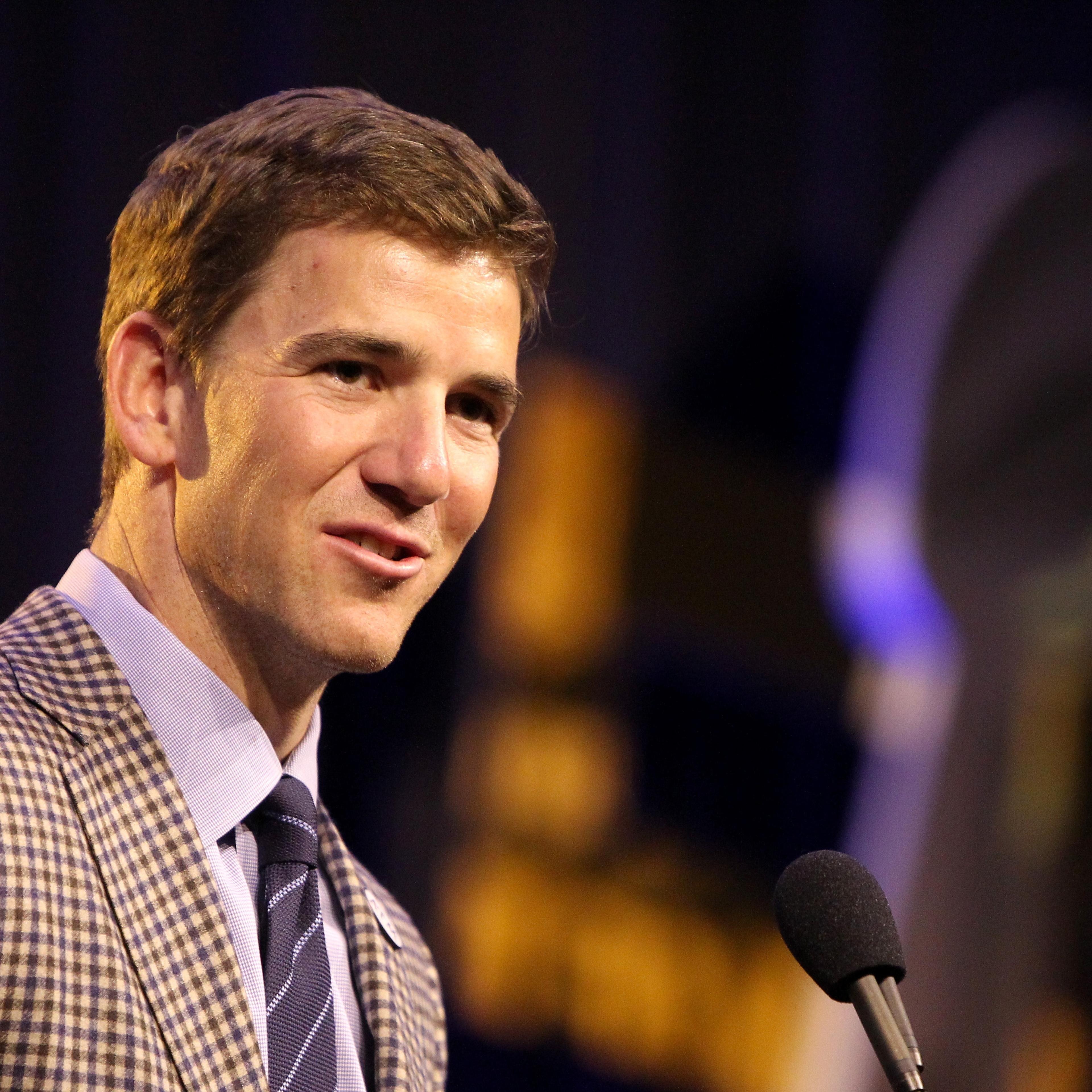 Finalist Eli Manning of the New York Giants speaks during the 2015 Walter Payton Man of the Year Finalist press conference prior to Super Bowl 50 at the Moscone Center West on February 5, 2016 in San Francisco, California.