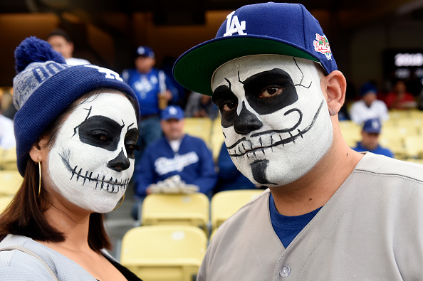 Dodgers fans dressed up in Halloween costumes for Game 6 of the 2017 World Series on Tuesday, October 31, 2017 in Los Angeles, California.