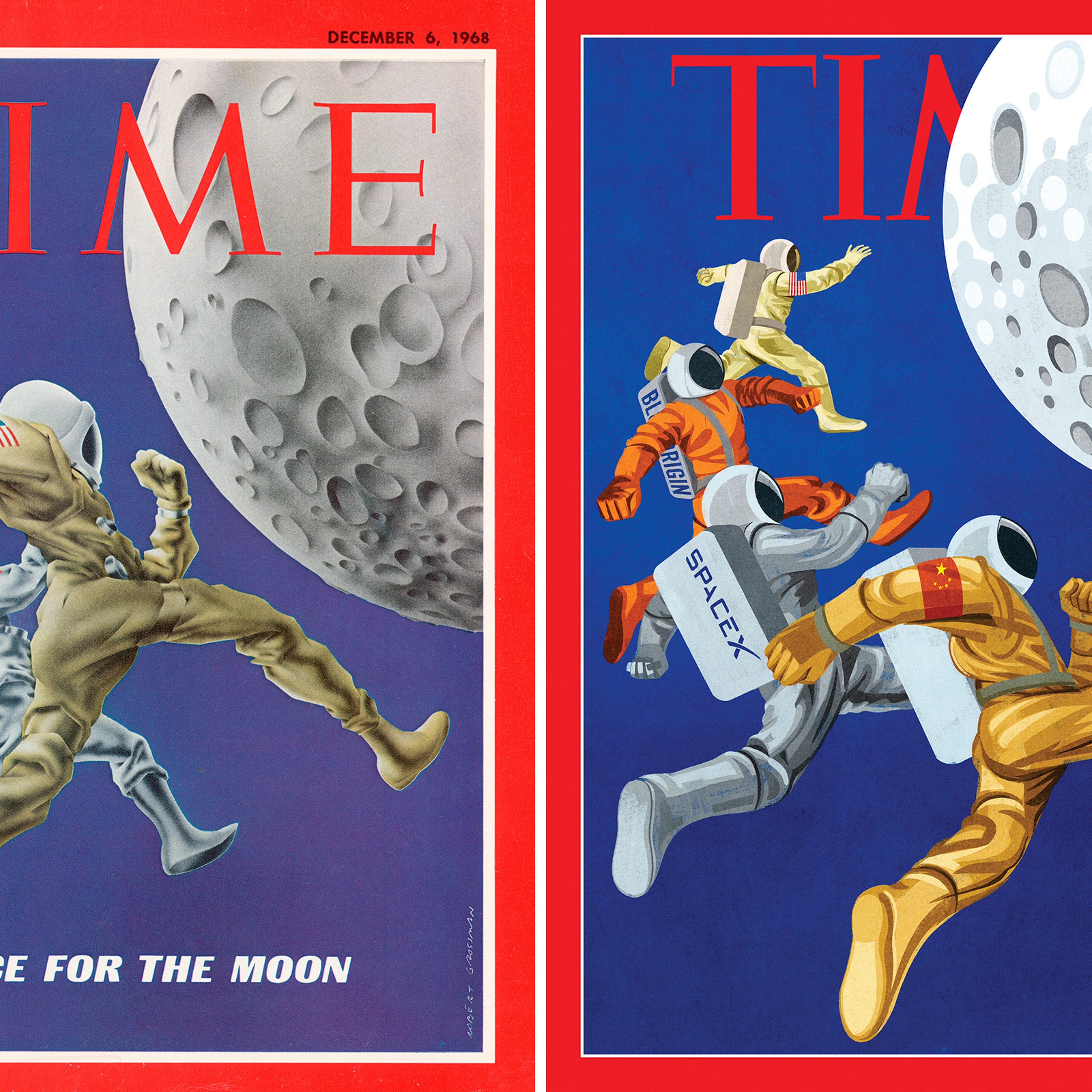 This week’s cover illustration, right, of the new space race is a homage to the Dec. 6, 1968, cover. Published shortly before the success of Apollo 8 made U.S. astronauts first to orbit the moon, that issue marked a pivotal moment for space exploration.