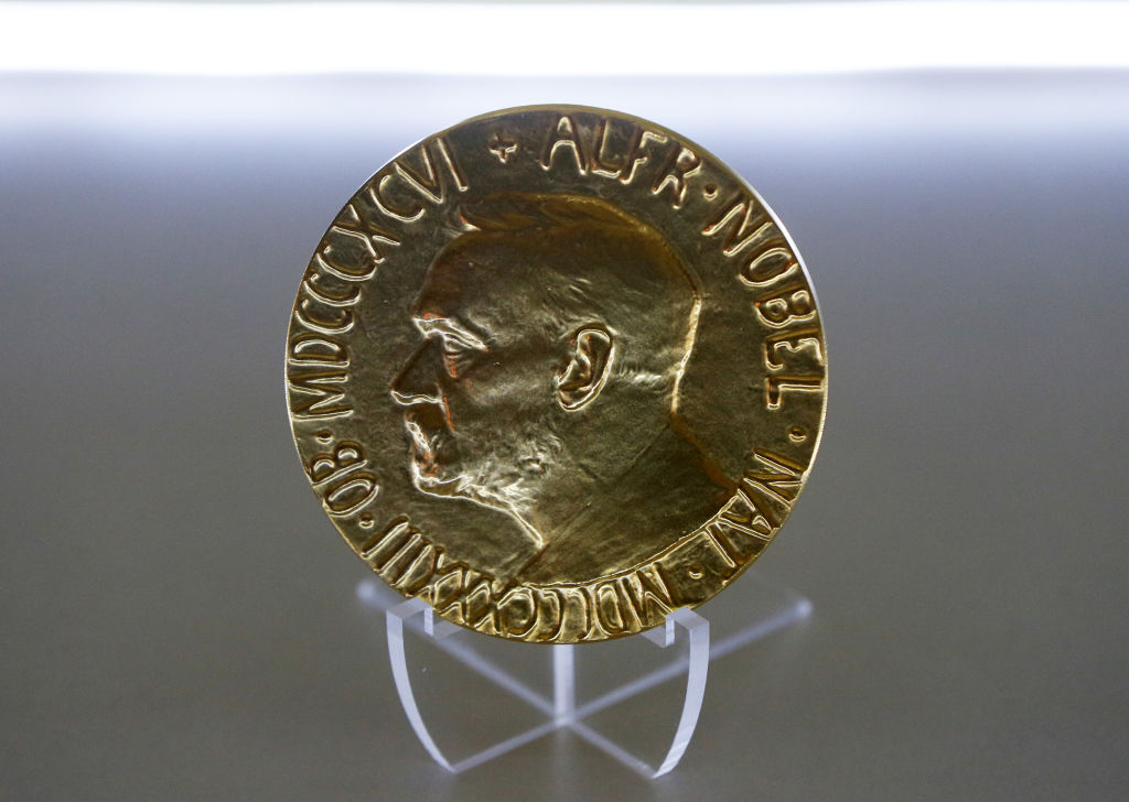Nobel Peace Prize medal showing Swedish chemist, engineer, inventor, businessman, and philanthropist Alfred Nobel (1833-1896) is seen during the Kyiv Security Forum in Kyiv, Ukraine 23 January 2023, amid Russia's invasion of Ukraine.