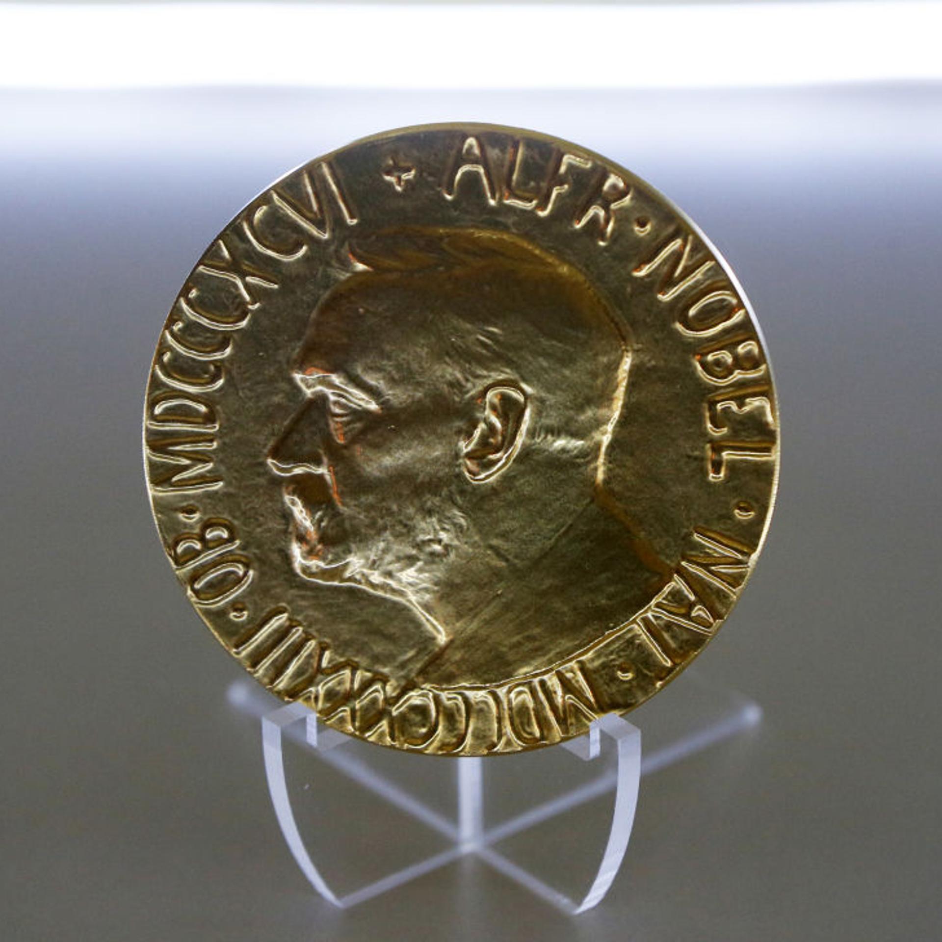Nobel Peace Prize medal showing Swedish chemist, engineer, inventor, businessman, and philanthropist Alfred Nobel (1833-1896) is seen during the Kyiv Security Forum in Kyiv, Ukraine 23 January 2023, amid Russia's invasion of Ukraine.