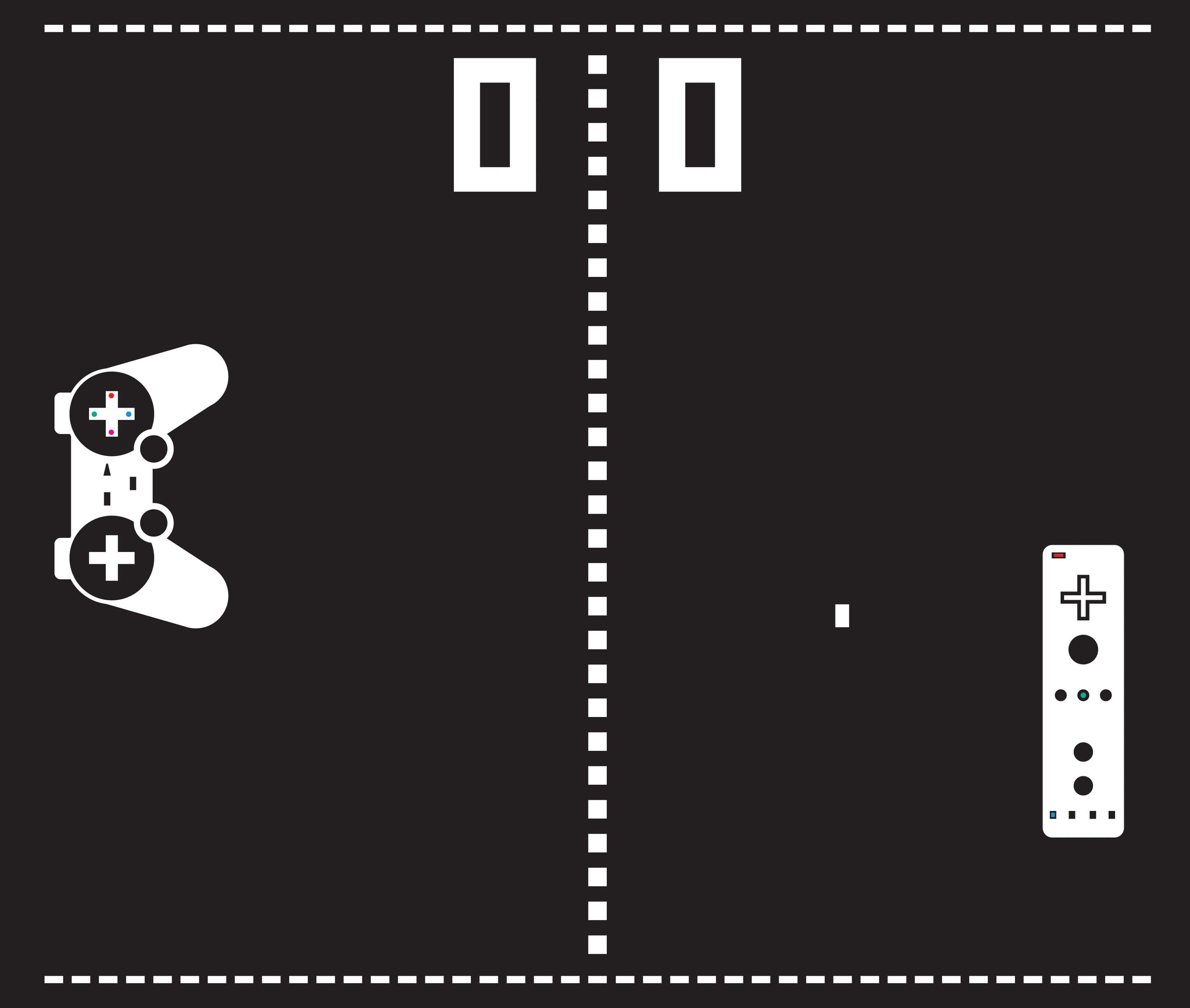 Sergio Pecanha color illustration of Sony Playstation vs Nintendo Wii, set up as paddles in a game of Pong.