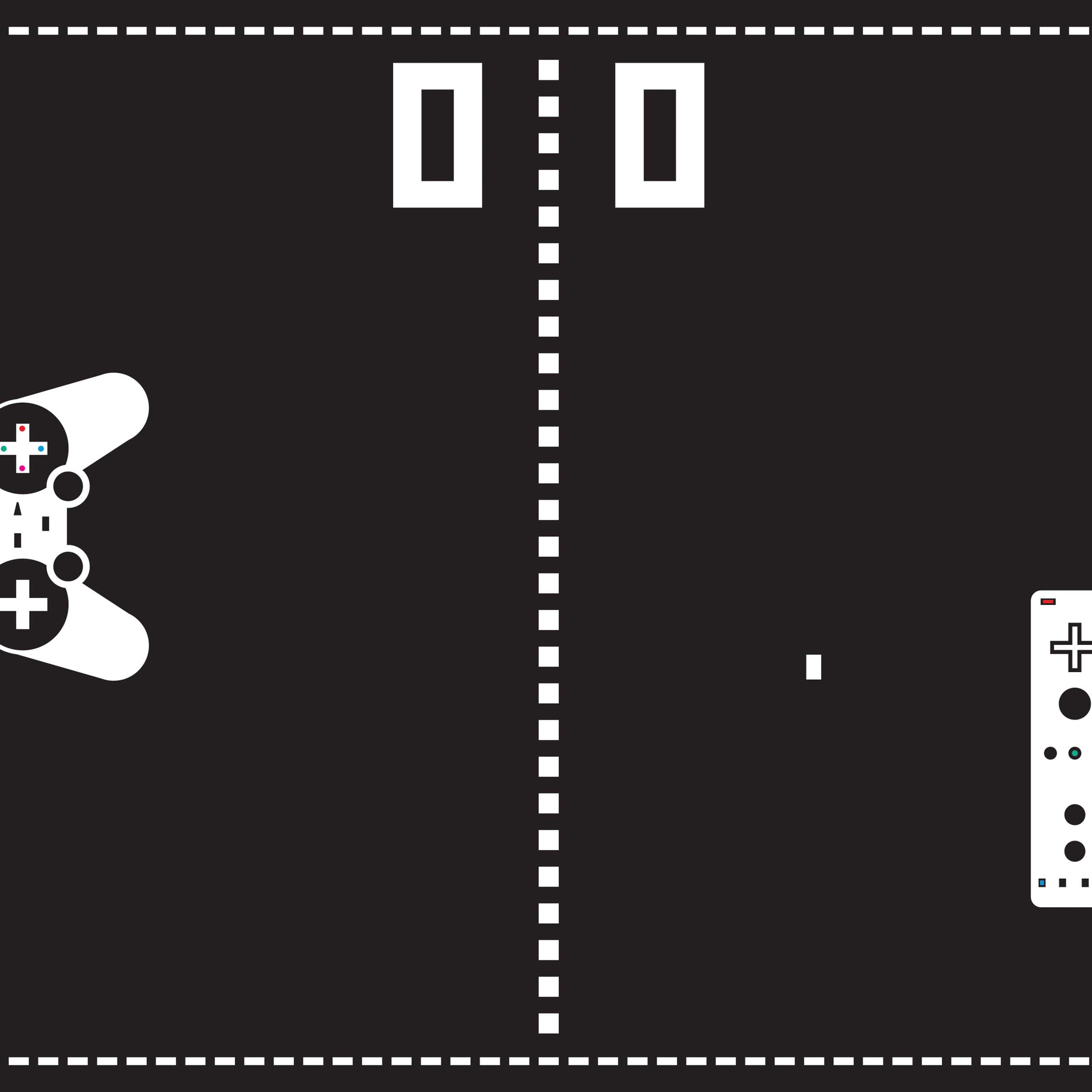 Sergio Pecanha color illustration of Sony Playstation vs Nintendo Wii, set up as paddles in a game of Pong.