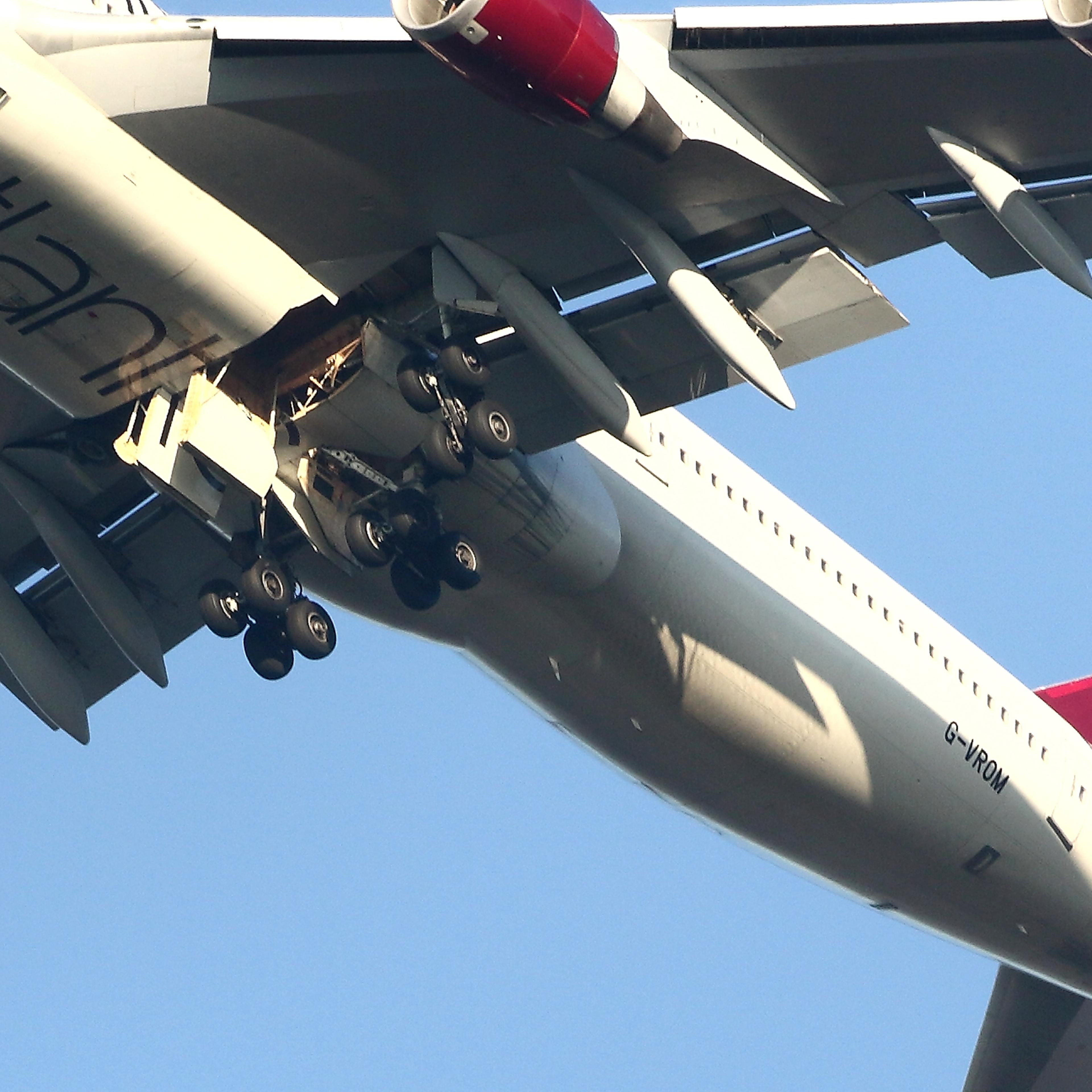 A detailed view of the undercarriage of the Virgin Atlantic Boeing 747 as it passes overhead at Gatwick airport in West Sussex on December 29, 2014 in London, England.