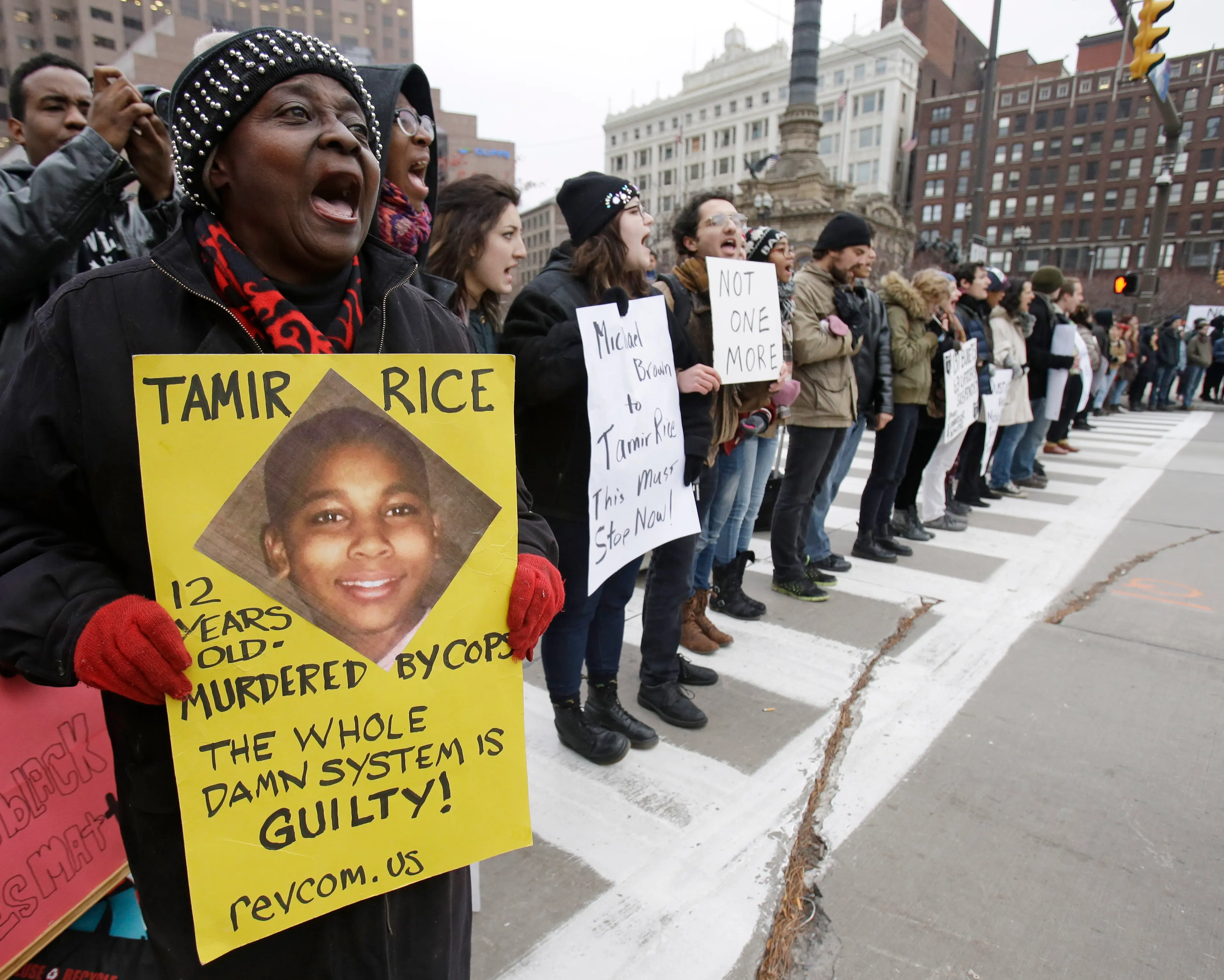 Demonstrators protest the fatal police shooting of 12-year-old Tamir Rice block Public Square in Cleveland on Nov. 25, 2014.