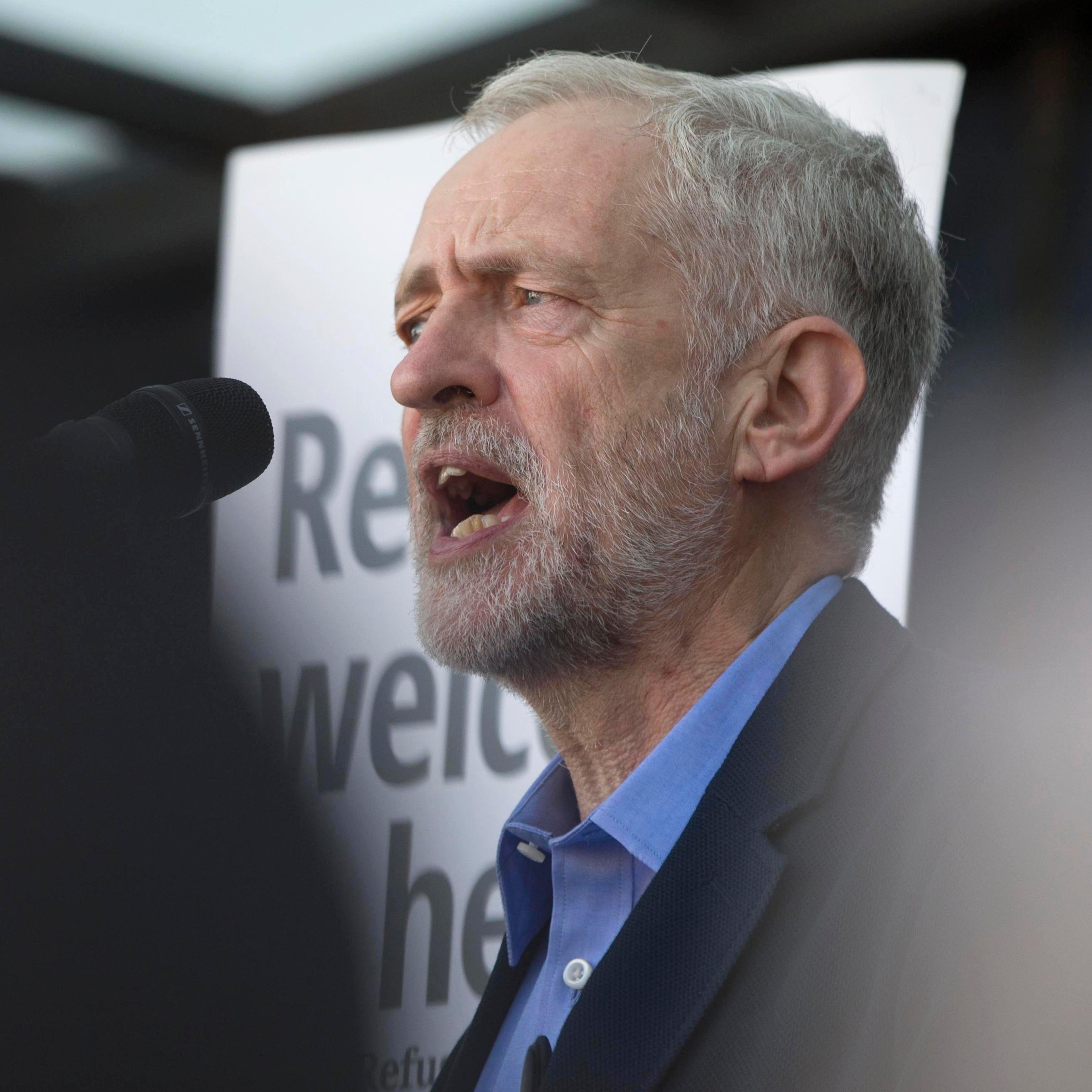 Jeremy Corbyn, the new leader of Britain's opposition Labour Party speaks at a pro-refugee demonstration in London, Britain
